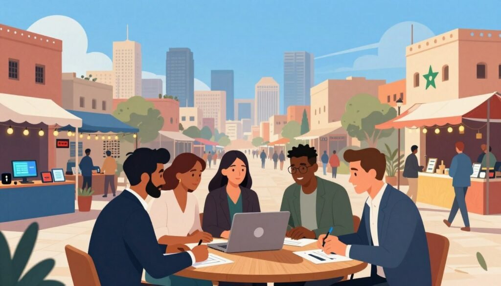 A vibrant illustration of expanding sectors in Morocco, showcasing a dynamic urban environment. In the foreground, a diverse group of professionals in business attire collaborates around a modern laptop on a wooden table, exchanging ideas. In the middle ground, a bustling outdoor market highlights digital startups and creative industries, with colorful stalls featuring technology and artisanal goods. The background features an iconic city skyline under a clear blue sky, symbolizing growth and innovation. Bright, ambient lighting casts a warm glow, creating an optimistic atmosphere. The composition conveys energy and opportunity, perfect for illustrating the rise of freelance work in Morocco. A vibrant illustration of expanding sectors in Morocco, showcasing a dynamic urban environment. In the foreground, a diverse group of professionals in business attire collaborates around a modern laptop on a wooden table, exchanging ideas. In the middle ground, a bustling outdoor market highlights digital startups and creative industries, with colorful stalls featuring technology and artisanal goods. The background features an iconic city skyline under a clear blue sky, symbolizing growth and innovation. Bright, ambient lighting casts a warm glow, creating an optimistic atmosphere. The composition conveys energy and opportunity, perfect for illustrating the rise of freelance work in Morocco.