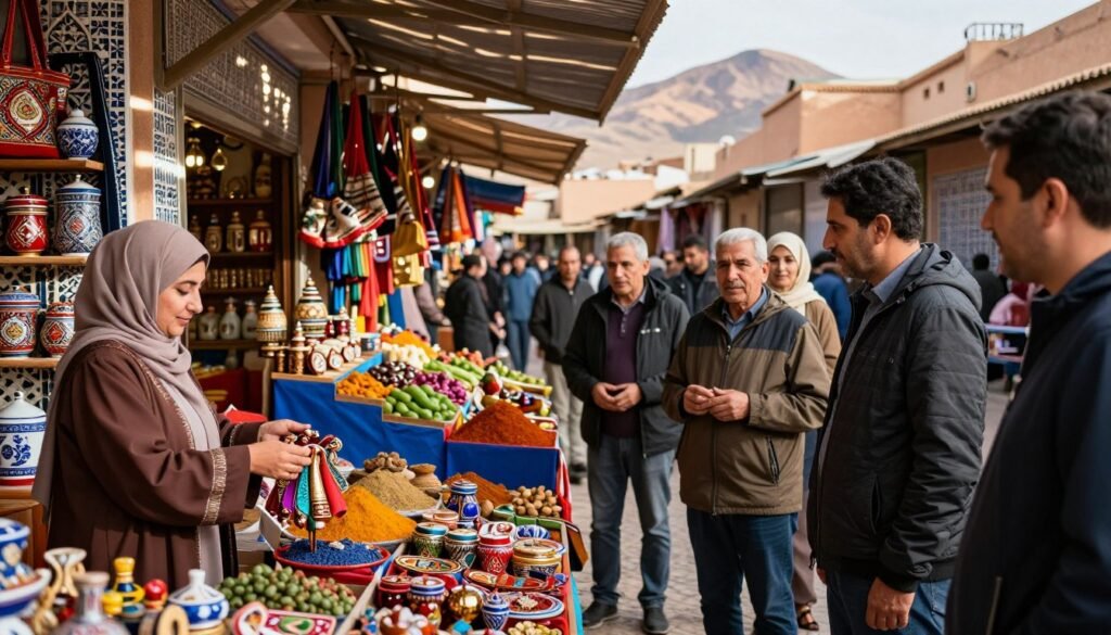 A vibrant market scene in Morocco showcasing local artisans and vendors. In the foreground, a female shop owner in modest clothing offers colorful traditional handicrafts to a diverse group of engaged customers, highlighting community support and local entrepreneurship. In the middle ground, various stalls display fresh produce, spices, and handmade goods, radiating warmth and authenticity, with sunlight filtering through awnings creating dappled light effects. The background features picturesque Moroccan architecture with intricate tile work and desert mountains in soft focus, suggesting the rich cultural context. Capture a lively atmosphere filled with collaboration and friendly interactions, evoking a sense of local pride and economic growth in the Moroccan market. Use natural lighting to enhance the vibrant colors and textures throughout the scene. A vibrant market scene in Morocco showcasing local artisans and vendors. In the foreground, a female shop owner in modest clothing offers colorful traditional handicrafts to a diverse group of engaged customers, highlighting community support and local entrepreneurship. In the middle ground, various stalls display fresh produce, spices, and handmade goods, radiating warmth and authenticity, with sunlight filtering through awnings creating dappled light effects. The background features picturesque Moroccan architecture with intricate tile work and desert mountains in soft focus, suggesting the rich cultural context. Capture a lively atmosphere filled with collaboration and friendly interactions, evoking a sense of local pride and economic growth in the Moroccan market. Use natural lighting to enhance the vibrant colors and textures throughout the scene.