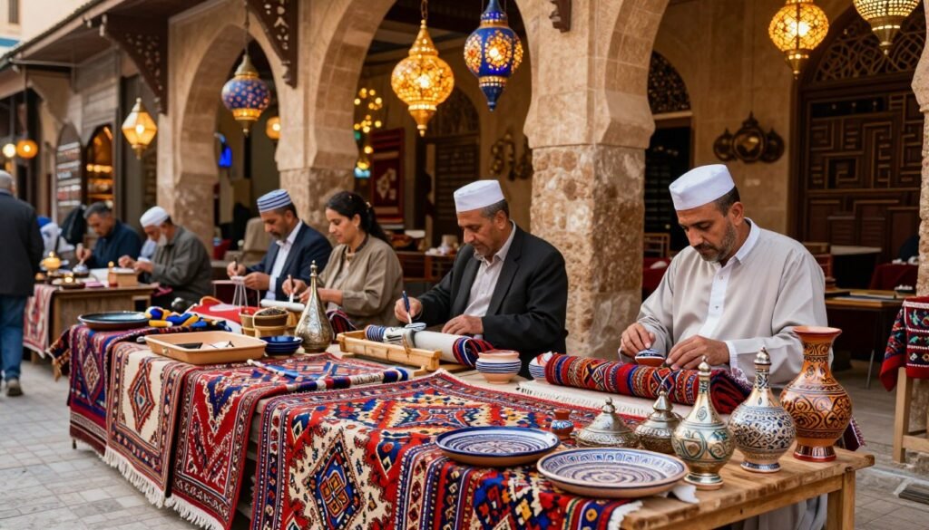 A vibrant market scene showcasing traditional Moroccan artisanal products. In the foreground, a colorful display of handcrafted pottery, intricately designed rugs, and ornate metalwork is arranged on a wooden table. The middle ground features local artisans skillfully weaving textiles and painting ceramics, dressed in modest, professional clothing, creating a lively atmosphere. The background presents a sunlit Moroccan marketplace with stone archways and vivid hanging lanterns, casting warm golden light over the scene. Use a wide-angle lens to capture the bustling ambiance, with a soft focus on the artisans, emphasizing the depth and richness of Moroccan craftsmanship. The overall mood should feel inviting, infused with cultural heritage and artistry. A vibrant market scene showcasing traditional Moroccan artisanal products. In the foreground, a colorful display of handcrafted pottery, intricately designed rugs, and ornate metalwork is arranged on a wooden table. The middle ground features local artisans skillfully weaving textiles and painting ceramics, dressed in modest, professional clothing, creating a lively atmosphere. The background presents a sunlit Moroccan marketplace with stone archways and vivid hanging lanterns, casting warm golden light over the scene. Use a wide-angle lens to capture the bustling ambiance, with a soft focus on the artisans, emphasizing the depth and richness of Moroccan craftsmanship. The overall mood should feel inviting, infused with cultural heritage and artistry.