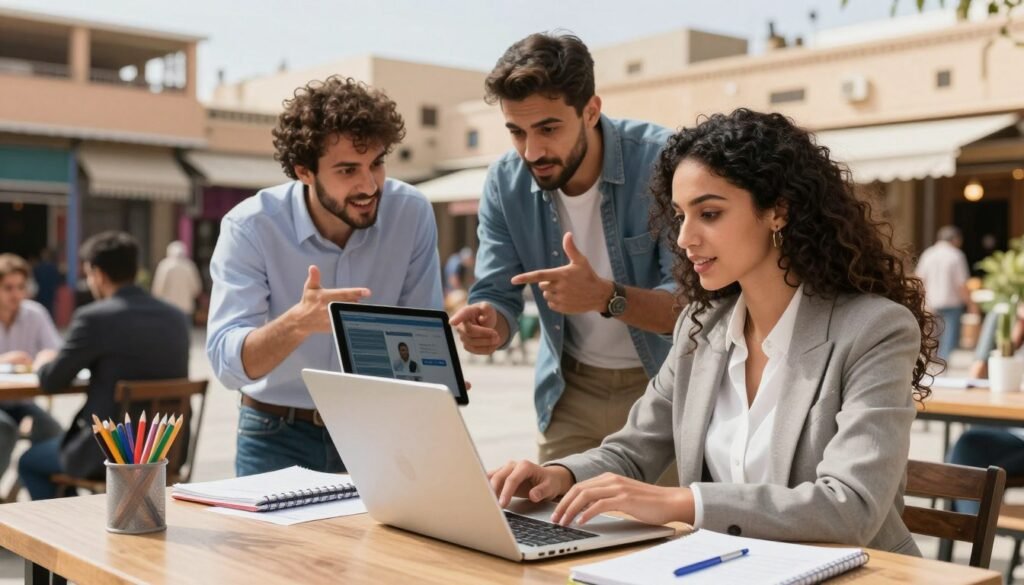 A vibrant, modern Moroccan cityscape showcasing a diverse group of professionals engaged in learning and collaboration. In the foreground, a young Moroccan woman in business attire is focused on her laptop, surrounded by notebooks and colorful stationery, symbolizing online education. In the middle ground, two men are discussing innovative ideas animatedly while pointing at a digital tablet displaying course content. The background features typical Moroccan architecture and bustling street activity, representing the local market. Bright, natural lighting floods the scene, creating an optimistic and inspiring atmosphere. The image captures the essence of motivation and growth, emphasizing the skills demanded in the Moroccan job market without any text or distractions. A vibrant, modern Moroccan cityscape showcasing a diverse group of professionals engaged in learning and collaboration. In the foreground, a young Moroccan woman in business attire is focused on her laptop, surrounded by notebooks and colorful stationery, symbolizing online education. In the middle ground, two men are discussing innovative ideas animatedly while pointing at a digital tablet displaying course content. The background features typical Moroccan architecture and bustling street activity, representing the local market. Bright, natural lighting floods the scene, creating an optimistic and inspiring atmosphere. The image captures the essence of motivation and growth, emphasizing the skills demanded in the Moroccan job market without any text or distractions.