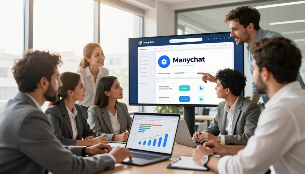 A vibrant, modern office environment filled with Moroccan business professionals engaged in lively discussions about marketing strategies. In the foreground, a diverse group of men and women, dressed in professional business attire, analyze digital charts and graphs illustrating conversion rates and sales growth on a sleek laptop. The middle ground features a large screen displaying animated visuals of the Manychat platform, highlighting its user-friendly interface and impact on customer engagement. In the background, large windows allow warm natural light to flood the room, creating a bright and optimistic atmosphere. The scene captures a sense of collaboration and innovation, emphasizing the strategic advantages of using Manychat. The composition is dynamic, with a slightly upward angle to evoke a feeling of upward momentum and success. A vibrant, modern office environment filled with Moroccan business professionals engaged in lively discussions about marketing strategies. In the foreground, a diverse group of men and women, dressed in professional business attire, analyze digital charts and graphs illustrating conversion rates and sales growth on a sleek laptop. The middle ground features a large screen displaying animated visuals of the Manychat platform, highlighting its user-friendly interface and impact on customer engagement. In the background, large windows allow warm natural light to flood the room, creating a bright and optimistic atmosphere. The scene captures a sense of collaboration and innovation, emphasizing the strategic advantages of using Manychat. The composition is dynamic, with a slightly upward angle to evoke a feeling of upward momentum and success.
