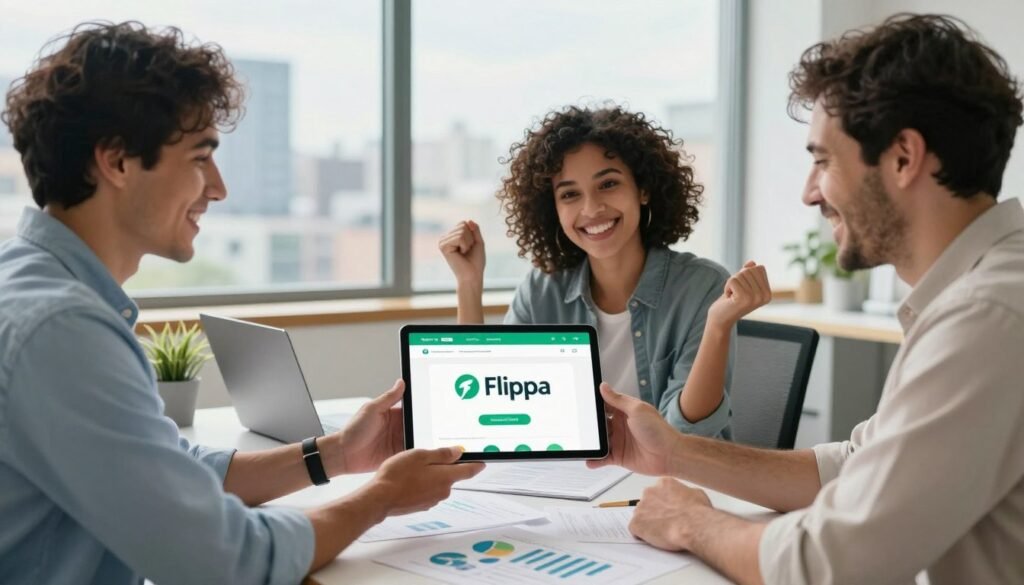 A vibrant office setting showcasing a diverse group of three individuals—two men and one woman—celebrating their success in acquiring an online business through Flippa. The foreground features them smiling and holding a tablet displaying the Flippa website, symbolizing their achievement. In the middle, a modern desk cluttered with business documents, a laptop, and financial charts illustrates a thriving entrepreneurial environment. The background shows a large window with cityscape views under a bright, sunny sky, creating an atmosphere of optimism and opportunity. Soft, natural lighting illuminates the scene, enhancing the professional yet relaxed mood. The subjects are dressed in smart casual attire, conveying approachability and professionalism. The image is harmonious and inspiring, reflecting the positive outcomes of online business investments. A vibrant office setting showcasing a diverse group of three individuals—two men and one woman—celebrating their success in acquiring an online business through Flippa. The foreground features them smiling and holding a tablet displaying the Flippa website, symbolizing their achievement. In the middle, a modern desk cluttered with business documents, a laptop, and financial charts illustrates a thriving entrepreneurial environment. The background shows a large window with cityscape views under a bright, sunny sky, creating an atmosphere of optimism and opportunity. Soft, natural lighting illuminates the scene, enhancing the professional yet relaxed mood. The subjects are dressed in smart casual attire, conveying approachability and professionalism. The image is harmonious and inspiring, reflecting the positive outcomes of online business investments.