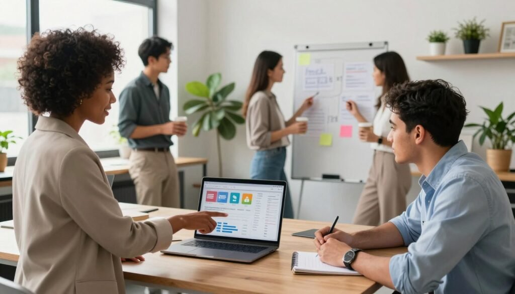 A vibrant office space bustling with a diverse team collaborating on social media strategies. In the foreground, a Black woman in professional attire points to a laptop screen filled with social media analytics, while a Hispanic man in a smart casual outfit takes notes on a notepad. In the middle, a Caucasian woman is brainstorming ideas on a whiteboard, and an Asian man is busy discussing ideas with a colleague over coffee. The background features plants and modern decor, creating a collaborative atmosphere. The lighting is bright and inviting, with natural sunlight streaming in through large windows. The mood is productive and dynamic, capturing the essence of teamwork in a digital marketing environment. A vibrant office space bustling with a diverse team collaborating on social media strategies. In the foreground, a Black woman in professional attire points to a laptop screen filled with social media analytics, while a Hispanic man in a smart casual outfit takes notes on a notepad. In the middle, a Caucasian woman is brainstorming ideas on a whiteboard, and an Asian man is busy discussing ideas with a colleague over coffee. The background features plants and modern decor, creating a collaborative atmosphere. The lighting is bright and inviting, with natural sunlight streaming in through large windows. The mood is productive and dynamic, capturing the essence of teamwork in a digital marketing environment.