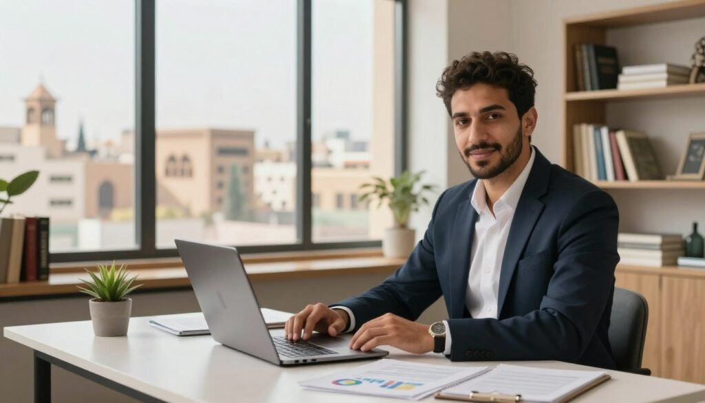 A vibrant, professional setting showcasing the advantages of the auto-entrepreneur status in Morocco. In the foreground, a confident Moroccan entrepreneur, dressed in smart casual attire, sits at a sleek modern desk filled with business documents and a laptop displaying graphs and charts. In the middle ground, shelves filled with books and a small plant add warmth. The background features a large window with a view of a bustling Moroccan cityscape, symbolizing growth and opportunity. Soft natural light filters through, casting a welcoming glow. The atmosphere is one of inspiration and ambition, reflecting the entrepreneurial spirit in a culturally rich environment. A vibrant, professional setting showcasing the advantages of the auto-entrepreneur status in Morocco. In the foreground, a confident Moroccan entrepreneur, dressed in smart casual attire, sits at a sleek modern desk filled with business documents and a laptop displaying graphs and charts. In the middle ground, shelves filled with books and a small plant add warmth. The background features a large window with a view of a bustling Moroccan cityscape, symbolizing growth and opportunity. Soft natural light filters through, casting a welcoming glow. The atmosphere is one of inspiration and ambition, reflecting the entrepreneurial spirit in a culturally rich environment.