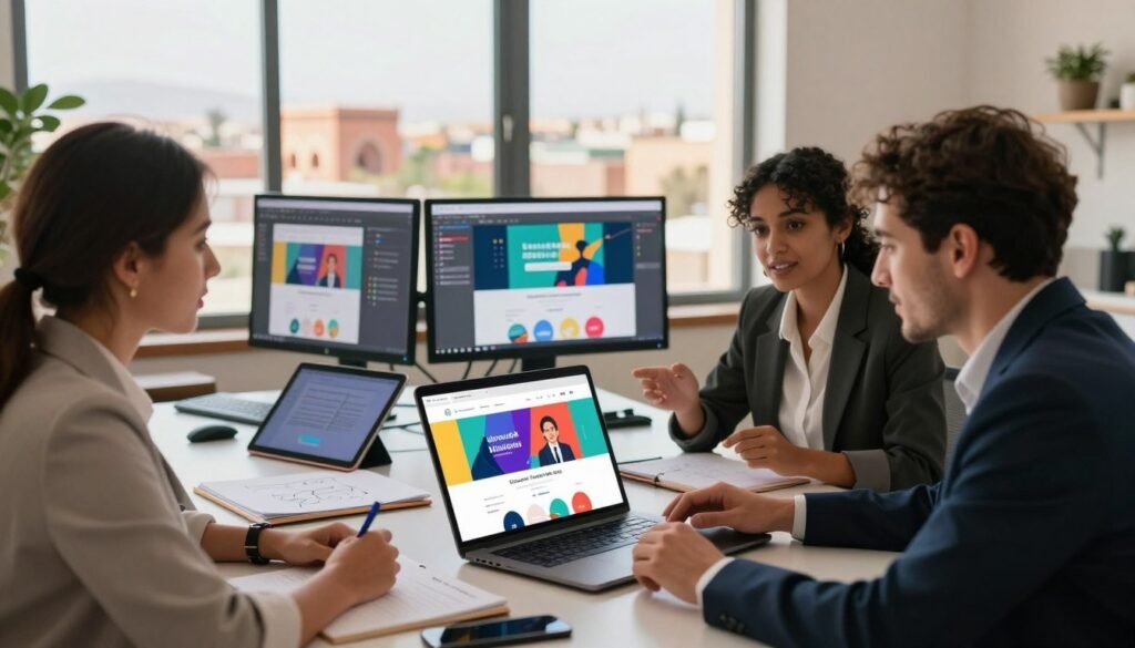 A vibrant, professional workspace in Morocco, focused on web development and digital marketing. In the foreground, a diverse group of three individuals, a man and two women of different descents, engaged in an animated discussion around a laptop displaying a colorful website mockup, representing creative web design. They are dressed in professional business attire, with a backdrop of a large window revealing a scenic Moroccan landscape. The middle ground features design tools like sketch pads, tablets, and design software on screens, symbolizing the process of website creation and optimization. The background has soft, warm lighting filtering through, creating an inviting atmosphere. The scene conveys a sense of collaboration and innovation, highlighting the essence of enhancing online visibility in a digital age. A vibrant, professional workspace in Morocco, focused on web development and digital marketing. In the foreground, a diverse group of three individuals, a man and two women of different descents, engaged in an animated discussion around a laptop displaying a colorful website mockup, representing creative web design. They are dressed in professional business attire, with a backdrop of a large window revealing a scenic Moroccan landscape. The middle ground features design tools like sketch pads, tablets, and design software on screens, symbolizing the process of website creation and optimization. The background has soft, warm lighting filtering through, creating an inviting atmosphere. The scene conveys a sense of collaboration and innovation, highlighting the essence of enhancing online visibility in a digital age.