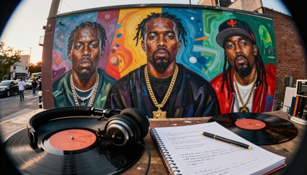 A vibrant scene capturing the artistic influences of French Montana, showcasing a collage of iconic elements that define his musical inspirations. In the foreground, feature vintage vinyl records, headphones, and a notebook filled with lyrics, symbolizing his creative process. The middle ground should depict abstract portraits of influential artists like Kanye West and Notorious B.I.G., painted in a dynamic, colorful style, enhancing the mood of diverse musical genres. The background should be a mural of a bustling urban landscape, illuminated by warm sunset lighting, giving the image an energetic yet reflective atmosphere. Use a wide-angle lens to create depth, and ensure the composition conveys the essence of hip-hop culture and the richness of musical heritage. A vibrant scene capturing the artistic influences of French Montana, showcasing a collage of iconic elements that define his musical inspirations. In the foreground, feature vintage vinyl records, headphones, and a notebook filled with lyrics, symbolizing his creative process. The middle ground should depict abstract portraits of influential artists like Kanye West and Notorious B.I.G., painted in a dynamic, colorful style, enhancing the mood of diverse musical genres. The background should be a mural of a bustling urban landscape, illuminated by warm sunset lighting, giving the image an energetic yet reflective atmosphere. Use a wide-angle lens to create depth, and ensure the composition conveys the essence of hip-hop culture and the richness of musical heritage.