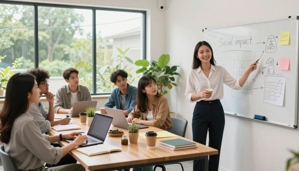 A vibrant scene depicting a diverse group of young entrepreneurs collaborating in a bright, modern workspace, reflecting the spirit of innovative startups making a social impact. In the foreground, a female entrepreneur in professional attire passionately presents her project on an interactive whiteboard. The middle ground shows a diverse team focused on brainstorming around a table filled with laptops, notebooks, and eco-friendly materials. The background features large windows with greenery outside, symbolizing sustainability and environmental awareness. Natural lighting floods the space, enhancing the energetic and positive atmosphere. The overall mood is one of collaboration, creativity, and hope for a better future through impactful social projects. A vibrant scene depicting a diverse group of young entrepreneurs collaborating in a bright, modern workspace, reflecting the spirit of innovative startups making a social impact. In the foreground, a female entrepreneur in professional attire passionately presents her project on an interactive whiteboard. The middle ground shows a diverse team focused on brainstorming around a table filled with laptops, notebooks, and eco-friendly materials. The background features large windows with greenery outside, symbolizing sustainability and environmental awareness. Natural lighting floods the space, enhancing the energetic and positive atmosphere. The overall mood is one of collaboration, creativity, and hope for a better future through impactful social projects.