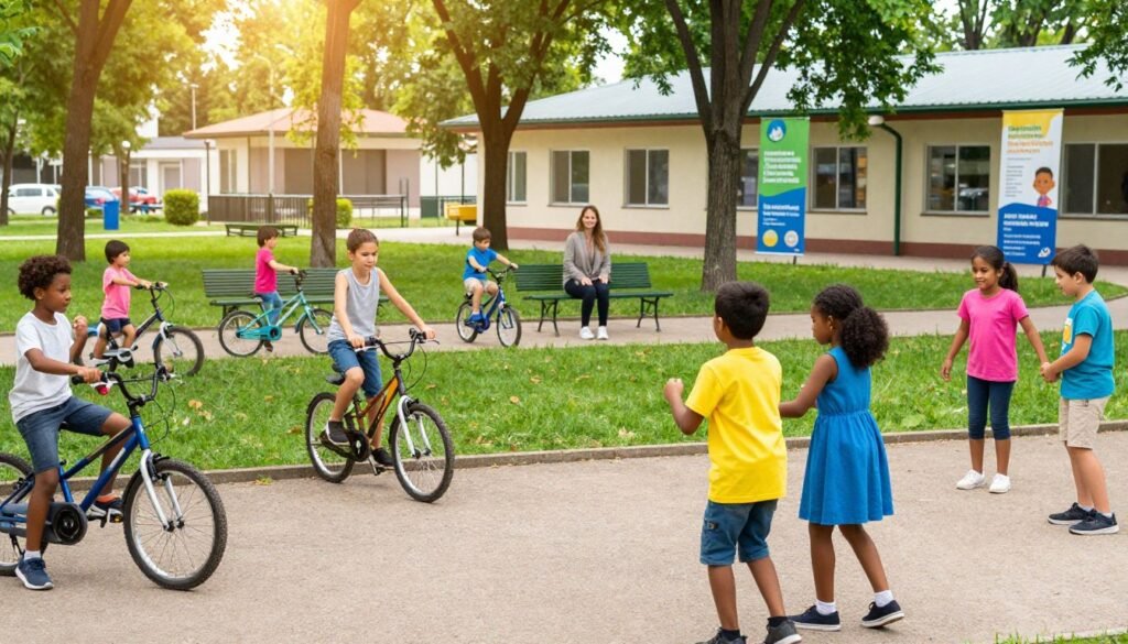 A vibrant scene depicting a group of children from diverse backgrounds, ages 6 to 12, playing joyfully in a safe park environment, illustrating protection sociale enfants. In the foreground, two children stand out, one wearing a bright yellow shirt and the other in a blue dress, engaged in a playful game. The middle section showcases a lush green park with trees and benches, children riding bicycles, and a caregiver, dressed in modest casual clothing, supervising and smiling. The background features a community center promoting social support services, with banners emphasizing child rights. The sunlight filters through the trees, casting a warm, inviting glow, creating an atmosphere of safety and community. The scene is captured from a slightly elevated angle to encompass both the children and the supportive environment around them. A vibrant scene depicting a group of children from diverse backgrounds, ages 6 to 12, playing joyfully in a safe park environment, illustrating protection sociale enfants. In the foreground, two children stand out, one wearing a bright yellow shirt and the other in a blue dress, engaged in a playful game. The middle section showcases a lush green park with trees and benches, children riding bicycles, and a caregiver, dressed in modest casual clothing, supervising and smiling. The background features a community center promoting social support services, with banners emphasizing child rights. The sunlight filters through the trees, casting a warm, inviting glow, creating an atmosphere of safety and community. The scene is captured from a slightly elevated angle to encompass both the children and the supportive environment around them.