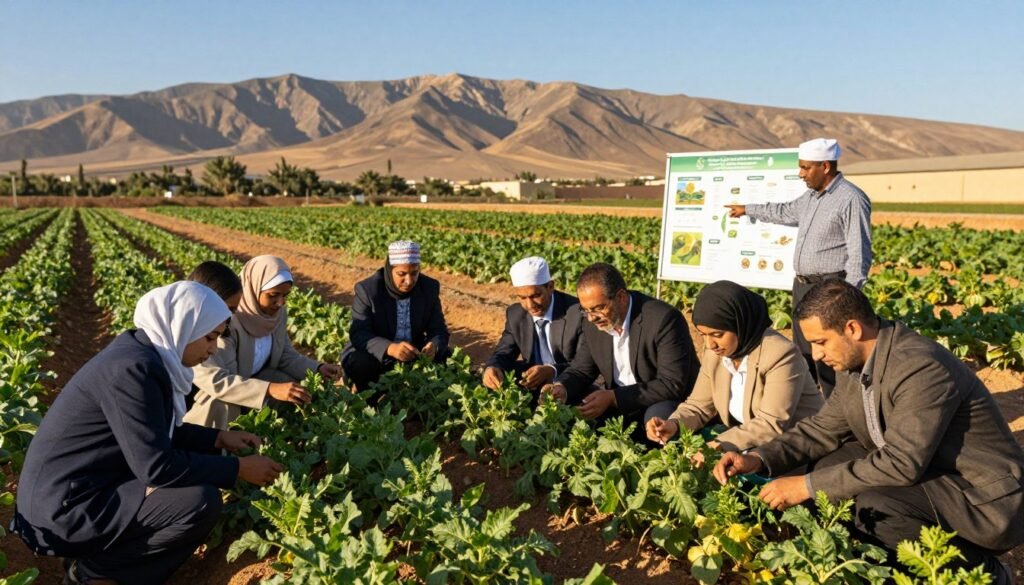 A vibrant scene depicting an agricultural training program in Morocco. In the foreground, a diverse group of individuals, men and women, dressed in professional attire, engage in a hands-on training activity with crops at a sunny outdoor setting. They are analyzing plants and discussing agricultural techniques. In the middle ground, rows of healthy crops stretch across the landscape, featuring rich greens and earthy tones. Nearby, a knowledgeable instructor points to a chart that illustrates sustainable farming practices. The background features the stunning Moroccan mountains under a clear blue sky, creating a sense of tranquility and hopefulness. The lighting is warm and bright, enhancing the optimistic mood, with a focus on collaboration and education in agriculture. A vibrant scene depicting an agricultural training program in Morocco. In the foreground, a diverse group of individuals, men and women, dressed in professional attire, engage in a hands-on training activity with crops at a sunny outdoor setting. They are analyzing plants and discussing agricultural techniques. In the middle ground, rows of healthy crops stretch across the landscape, featuring rich greens and earthy tones. Nearby, a knowledgeable instructor points to a chart that illustrates sustainable farming practices. The background features the stunning Moroccan mountains under a clear blue sky, creating a sense of tranquility and hopefulness. The lighting is warm and bright, enhancing the optimistic mood, with a focus on collaboration and education in agriculture.
