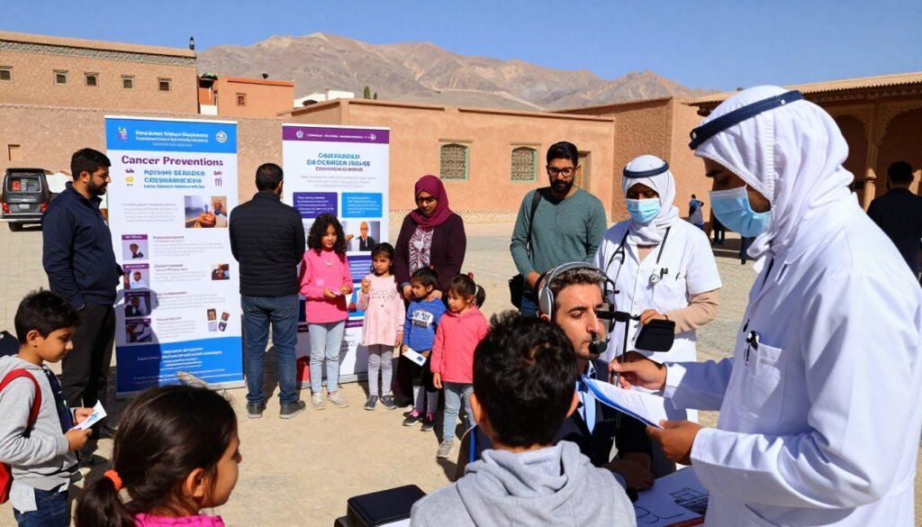 A vibrant scene depicting cancer prevention initiatives in Morocco, featuring a diverse group of individuals engaged in a community health event. In the foreground, health professionals in professional business attire are demonstrating health screenings and providing educational materials to attendees. The middle ground shows an informative booth with brochures and interactive displays about cancer prevention, surrounded by families and young adults listening attentively. In the background, the warm Moroccan landscape is visible, featuring traditional architecture and the Atlas Mountains under a clear blue sky, creating a hopeful and inspiring atmosphere. The lighting is bright and natural, emphasizing engagement and positivity. The scene captures the essence of community involvement and awareness in health initiatives. A vibrant scene depicting cancer prevention initiatives in Morocco, featuring a diverse group of individuals engaged in a community health event. In the foreground, health professionals in professional business attire are demonstrating health screenings and providing educational materials to attendees. The middle ground shows an informative booth with brochures and interactive displays about cancer prevention, surrounded by families and young adults listening attentively. In the background, the warm Moroccan landscape is visible, featuring traditional architecture and the Atlas Mountains under a clear blue sky, creating a hopeful and inspiring atmosphere. The lighting is bright and natural, emphasizing engagement and positivity. The scene captures the essence of community involvement and awareness in health initiatives.