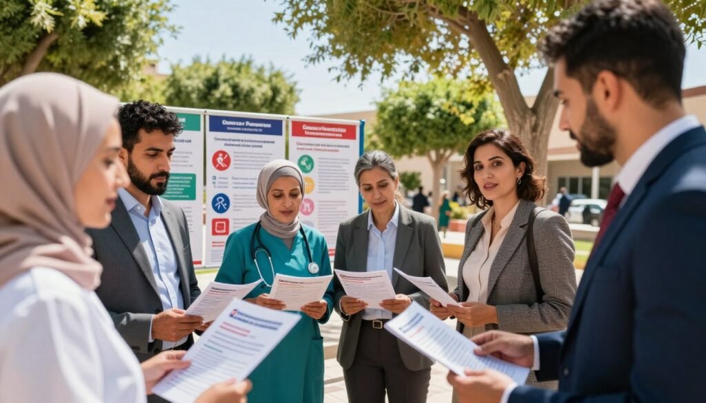 A vibrant scene depicting community health initiatives in Morocco focused on cancer prevention. In the foreground, a diverse group of health professionals, dressed in professional business attire, engage in discussion while reviewing educational materials about cancer awareness. In the middle, a display of informative posters showcasing cancer prevention tips and healthy lifestyle choices. The background features a sunny public space, with lush greenery and a bright blue sky, symbolizing hope and vitality. The mood is optimistic and collaborative, emphasizing unity in health education. Use warm, natural lighting to enhance the inviting atmosphere, with a soft focus on the professionals for a friendly, approachable feel. Lens angle should be slightly elevated to capture the energy and engagement of the community. A vibrant scene depicting community health initiatives in Morocco focused on cancer prevention. In the foreground, a diverse group of health professionals, dressed in professional business attire, engage in discussion while reviewing educational materials about cancer awareness. In the middle, a display of informative posters showcasing cancer prevention tips and healthy lifestyle choices. The background features a sunny public space, with lush greenery and a bright blue sky, symbolizing hope and vitality. The mood is optimistic and collaborative, emphasizing unity in health education. Use warm, natural lighting to enhance the inviting atmosphere, with a soft focus on the professionals for a friendly, approachable feel. Lens angle should be slightly elevated to capture the energy and engagement of the community.