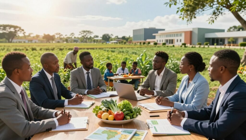 A vibrant scene depicting the commitment to food security, education, and innovation in Africa. In the foreground, a diverse group of professionals in smart, business attire engaged in a lively discussion around a table filled with educational materials and agricultural resources. In the middle ground, a lush, green landscape symbolizes agricultural abundance, showing farmers cultivating rich fields and children learning in an outdoor classroom. The background features a bright, sunny sky, symbolizing hope and progress, with modern buildings representing innovation and development. The lighting is warm and inviting, casting soft shadows, creating an optimistic and inspiring atmosphere that reflects the themes of engagement and empowerment in Africa. A vibrant scene depicting the commitment to food security, education, and innovation in Africa. In the foreground, a diverse group of professionals in smart, business attire engaged in a lively discussion around a table filled with educational materials and agricultural resources. In the middle ground, a lush, green landscape symbolizes agricultural abundance, showing farmers cultivating rich fields and children learning in an outdoor classroom. The background features a bright, sunny sky, symbolizing hope and progress, with modern buildings representing innovation and development. The lighting is warm and inviting, casting soft shadows, creating an optimistic and inspiring atmosphere that reflects the themes of engagement and empowerment in Africa.