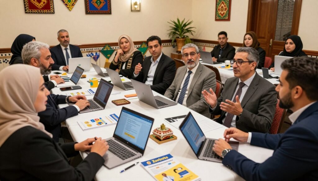 A vibrant scene showcasing Moroccan charities engaging in collaborative fundraising efforts, set in an indoor meeting space. In the foreground, a diverse group of individuals representing various Moroccan backgrounds, dressed in professional attire, enthusiastically discussing strategies while surrounded by colorful traditional Moroccan decor. In the middle ground, tables are set with materials such as laptops, tablets, and brochures highlighting Zeffy’s fundraising tools. The background features a warm, inviting atmosphere with soft lighting illuminating the space, enhancing a sense of community and support. The overall mood is optimistic and energetic, reflecting a strong commitment to societal impact and collaboration, emphasizing Innovation and unity in the non-profit sector. A vibrant scene showcasing Moroccan charities engaging in collaborative fundraising efforts, set in an indoor meeting space. In the foreground, a diverse group of individuals representing various Moroccan backgrounds, dressed in professional attire, enthusiastically discussing strategies while surrounded by colorful traditional Moroccan decor. In the middle ground, tables are set with materials such as laptops, tablets, and brochures highlighting Zeffy’s fundraising tools. The background features a warm, inviting atmosphere with soft lighting illuminating the space, enhancing a sense of community and support. The overall mood is optimistic and energetic, reflecting a strong commitment to societal impact and collaboration, emphasizing Innovation and unity in the non-profit sector.