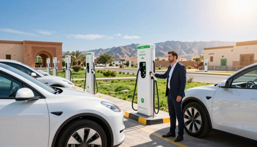 A vibrant scene showcasing a modern electric vehicle charging station set in Morocco, featuring sleek electric cars plugged into fast chargers under a bright blue sky. In the foreground, a well-dressed engineer observes the charging process, indicating the innovative spirit of Rachid Yazami. In the middle ground, the charging stations are lined with energy-efficient vehicles, with green landscapes typical of Moroccan architecture providing a cultural context. The background captures the scenic Atlas Mountains, subtly underlining the article's focus on energy advancements in Morocco. The lighting is warm and inviting, with a slight sunflare effect to evoke a hopeful and progressive atmosphere. The visual should be dynamic, emphasizing the transition to sustainable energy solutions in a modern Moroccan setting. A vibrant scene showcasing a modern electric vehicle charging station set in Morocco, featuring sleek electric cars plugged into fast chargers under a bright blue sky. In the foreground, a well-dressed engineer observes the charging process, indicating the innovative spirit of Rachid Yazami. In the middle ground, the charging stations are lined with energy-efficient vehicles, with green landscapes typical of Moroccan architecture providing a cultural context. The background captures the scenic Atlas Mountains, subtly underlining the article's focus on energy advancements in Morocco. The lighting is warm and inviting, with a slight sunflare effect to evoke a hopeful and progressive atmosphere. The visual should be dynamic, emphasizing the transition to sustainable energy solutions in a modern Moroccan setting.