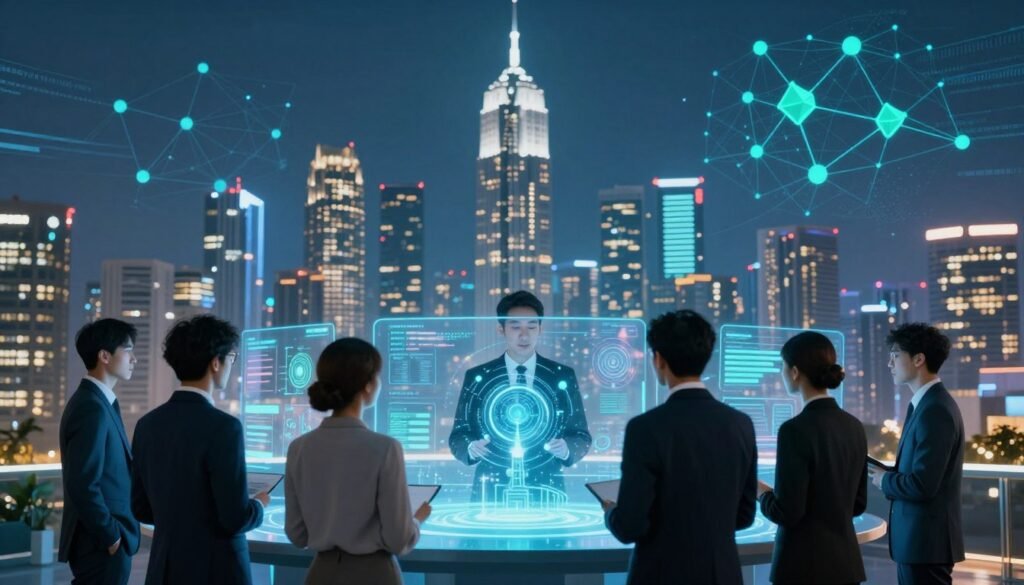 A vibrant scene showcasing the intersection of artificial intelligence and blockchain technology. In the foreground, a diverse group of professionals in business attire are gathered around a holographic display, analyzing complex data visualizations and digital networks. The middle ground features a futuristic city skyline with illuminated skyscrapers, symbolizing innovation and progress. In the background, a sleek digital landscape with interconnected nodes and blockchain graphics can be seen, enhancing the tech-forward atmosphere. The scene is well-lit with neon blue and green hues, creating a dynamic and inspiring mood, suggesting a world of limitless possibilities in technology. The image should have a cinematic angle, capturing the excitement of technological advancements without any text or watermarks. A vibrant scene showcasing the intersection of artificial intelligence and blockchain technology. In the foreground, a diverse group of professionals in business attire are gathered around a holographic display, analyzing complex data visualizations and digital networks. The middle ground features a futuristic city skyline with illuminated skyscrapers, symbolizing innovation and progress. In the background, a sleek digital landscape with interconnected nodes and blockchain graphics can be seen, enhancing the tech-forward atmosphere. The scene is well-lit with neon blue and green hues, creating a dynamic and inspiring mood, suggesting a world of limitless possibilities in technology. The image should have a cinematic angle, capturing the excitement of technological advancements without any text or watermarks.