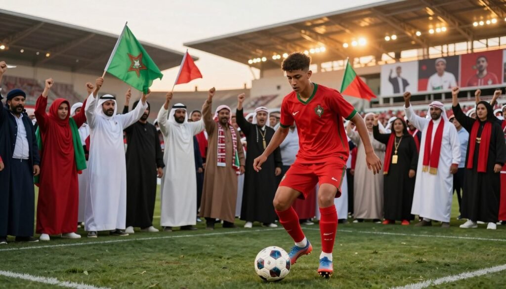 A vibrant soccer scene showcasing the influence of Brahim Díaz on Moroccan football. In the foreground, a young Moroccan player, clad in a bright red national jersey, skillfully dribbling a soccer ball with intense focus, symbolizing inspiration. The middle ground features a diverse group of enthusiastic fans in traditional Moroccan attire, waving flags and cheering passionately, representing the unity and pride among supporters. In the background, a modern stadium illuminated by warm evening lights, with banners highlighting Brahim Díaz's achievements. The scene is bathed in a golden sunset glow, creating an uplifting atmosphere. The angle captures the dynamic energy of the moment, emphasizing the excitement and hope that Díaz brings to Moroccan football. A vibrant soccer scene showcasing the influence of Brahim Díaz on Moroccan football. In the foreground, a young Moroccan player, clad in a bright red national jersey, skillfully dribbling a soccer ball with intense focus, symbolizing inspiration. The middle ground features a diverse group of enthusiastic fans in traditional Moroccan attire, waving flags and cheering passionately, representing the unity and pride among supporters. In the background, a modern stadium illuminated by warm evening lights, with banners highlighting Brahim Díaz's achievements. The scene is bathed in a golden sunset glow, creating an uplifting atmosphere. The angle captures the dynamic energy of the moment, emphasizing the excitement and hope that Díaz brings to Moroccan football.
