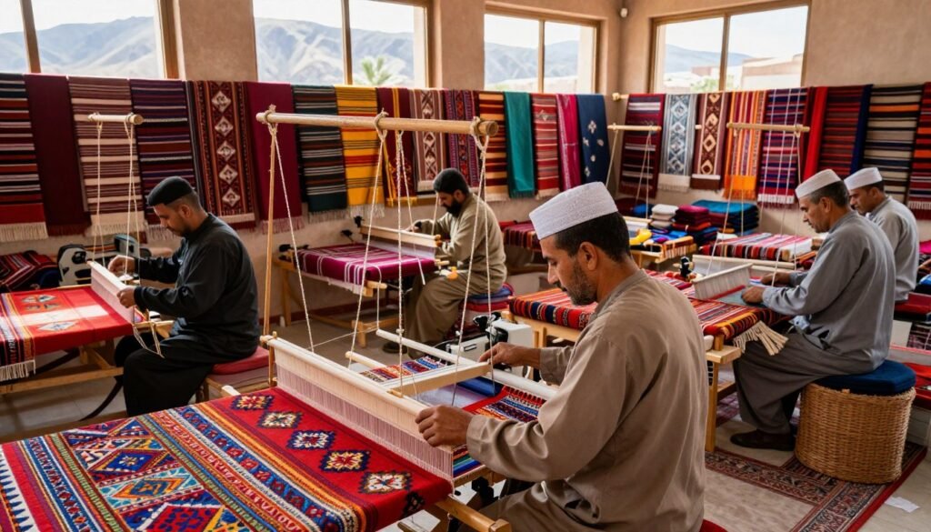 A vibrant textile production scene in Morocco, showcasing a bustling workshop filled with artisans weaving colorful fabrics. In the foreground, skilled workers of diverse ethnicities are focused on their craft, dressed in modest, professional attire, operating traditional looms and embroidery machines. The middle ground features shelves lined with various textiles, showcasing rich patterns and colors, while natural light filters in through large windows, casting soft shadows. In the background, faint outlines of the majestic Atlas Mountains can be seen, adding depth to the landscape. The atmosphere is industrious yet harmonious, emphasizing the importance of the textile industry as a cornerstone of the Moroccan economy. The scene is captured with a warm color palette, evoking a sense of cultural heritage and economic vitality. A vibrant textile production scene in Morocco, showcasing a bustling workshop filled with artisans weaving colorful fabrics. In the foreground, skilled workers of diverse ethnicities are focused on their craft, dressed in modest, professional attire, operating traditional looms and embroidery machines. The middle ground features shelves lined with various textiles, showcasing rich patterns and colors, while natural light filters in through large windows, casting soft shadows. In the background, faint outlines of the majestic Atlas Mountains can be seen, adding depth to the landscape. The atmosphere is industrious yet harmonious, emphasizing the importance of the textile industry as a cornerstone of the Moroccan economy. The scene is captured with a warm color palette, evoking a sense of cultural heritage and economic vitality.