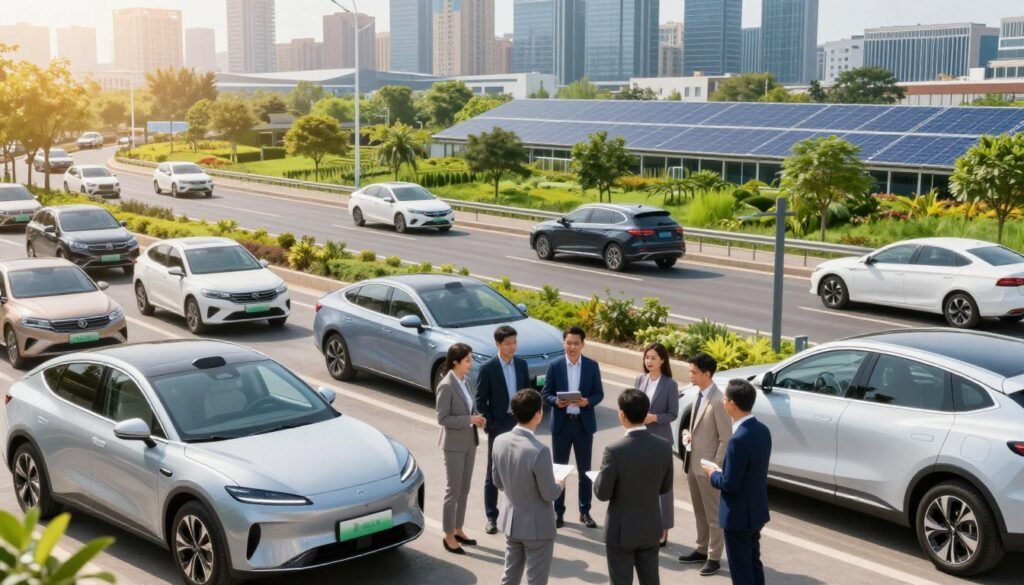 A vibrant urban landscape showcasing the socio-economic and environmental impacts of the automotive industry. In the foreground, a diverse group of professionals in smart business attire discusses sustainable practices, surrounded by electric cars and automotive technology. The middle ground features a bustling street with a mix of traditional and modern vehicles, symbolizing the evolution of transportation. In the background, a skyline reflects a blend of industry and nature, with green spaces and solar panels. The lighting is bright and hopeful, casting warmth over the scene, suggesting a positive outlook on the future of the automotive sector. The image composition emphasizes collaboration and innovation in a clean, eco-friendly environment. A vibrant urban landscape showcasing the socio-economic and environmental impacts of the automotive industry. In the foreground, a diverse group of professionals in smart business attire discusses sustainable practices, surrounded by electric cars and automotive technology. The middle ground features a bustling street with a mix of traditional and modern vehicles, symbolizing the evolution of transportation. In the background, a skyline reflects a blend of industry and nature, with green spaces and solar panels. The lighting is bright and hopeful, casting warmth over the scene, suggesting a positive outlook on the future of the automotive sector. The image composition emphasizes collaboration and innovation in a clean, eco-friendly environment.
