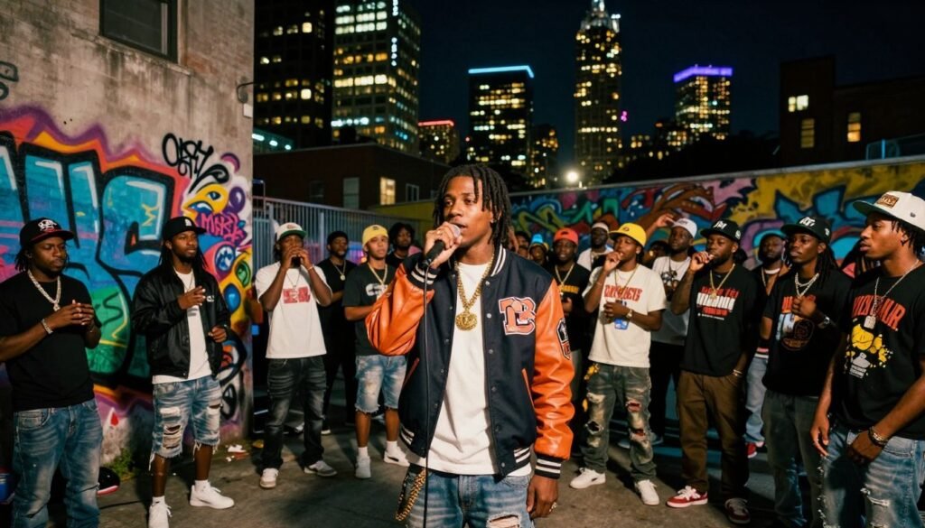 A vibrant urban scene inspired by "Cocaine City," set in a bustling nighttime cityscape that showcases the essence of hip-hop culture. In the foreground, a confident, young African-American rapper dressed in stylish streetwear stands with a microphone, surrounded by vivid graffiti murals that depict the struggles and triumphs of his journey. The middle ground features a diverse group of fans and fellow artists, all engaged in the energetic atmosphere, capturing the sense of community in the rap scene. The background highlights a skyline of towering buildings illuminated by neon lights, creating a dynamic contrast against the dark sky. Soft, ambient lighting adds a sense of intrigue, while a cinematic angle captures the intensity and passion of the moment, embodying the spirit of ambition and resilience inherent in French Montana's early days. A vibrant urban scene inspired by "Cocaine City," set in a bustling nighttime cityscape that showcases the essence of hip-hop culture. In the foreground, a confident, young African-American rapper dressed in stylish streetwear stands with a microphone, surrounded by vivid graffiti murals that depict the struggles and triumphs of his journey. The middle ground features a diverse group of fans and fellow artists, all engaged in the energetic atmosphere, capturing the sense of community in the rap scene. The background highlights a skyline of towering buildings illuminated by neon lights, creating a dynamic contrast against the dark sky. Soft, ambient lighting adds a sense of intrigue, while a cinematic angle captures the intensity and passion of the moment, embodying the spirit of ambition and resilience inherent in French Montana's early days.