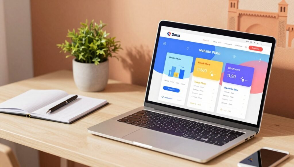 A visually appealing digital illustration depicting a comparison of web plans and pricing. In the foreground, include a sleek laptop displaying a colorful, user-friendly interface of website plans and pricing options from Dorik, with clear graphical representations like charts and icons. In the middle ground, showcase a modern workspace with a stylish desk, a potted plant, and a notepad detailing project ideas. The background features an abstract design of the Moroccan landscape, symbolizing the target audience. Employ warm, inviting lighting that enhances the atmosphere of a productive work environment. Capture the image from a slightly elevated angle, focusing on the laptop screen while maintaining a balanced view of the workspace. The overall mood should be professional and informative, ideal for an article on website design. A visually appealing digital illustration depicting a comparison of web plans and pricing. In the foreground, include a sleek laptop displaying a colorful, user-friendly interface of website plans and pricing options from Dorik, with clear graphical representations like charts and icons. In the middle ground, showcase a modern workspace with a stylish desk, a potted plant, and a notepad detailing project ideas. The background features an abstract design of the Moroccan landscape, symbolizing the target audience. Employ warm, inviting lighting that enhances the atmosphere of a productive work environment. Capture the image from a slightly elevated angle, focusing on the laptop screen while maintaining a balanced view of the workspace. The overall mood should be professional and informative, ideal for an article on website design.