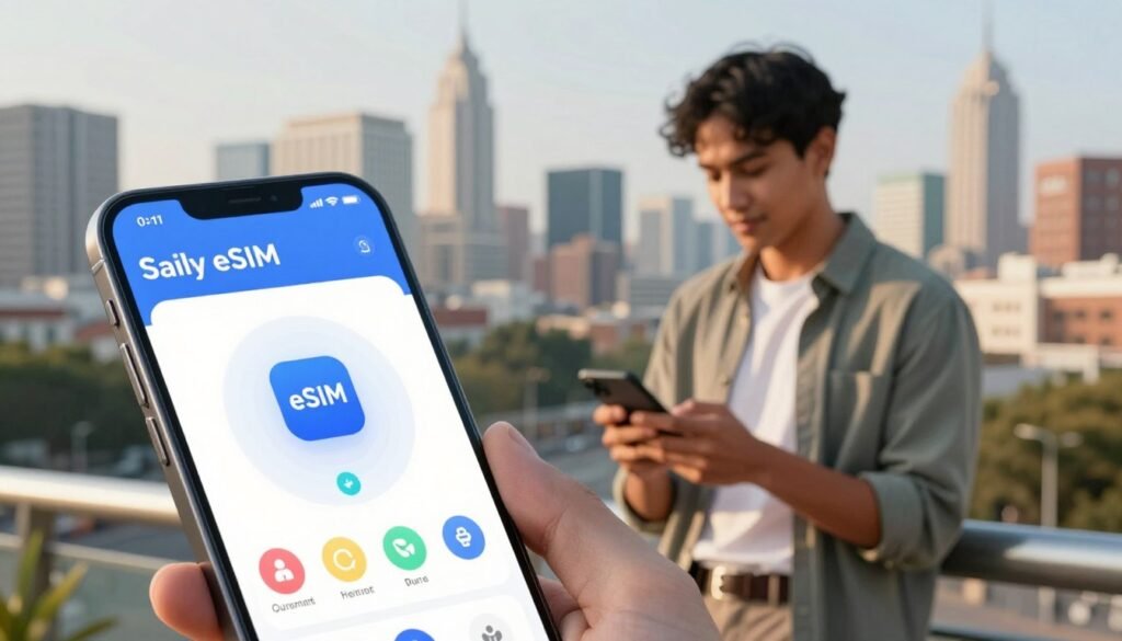 A visually captivating and informative illustration of the "Saily eSIM" technology. In the foreground, showcase a sleek smartphone displaying the Saily eSIM interface, with vibrant icons symbolizing global connectivity. In the middle ground, include a professional individual in moderate casual attire, engaged with their phone in a lively urban environment, radiating confidence and ease of use. The background features a dynamic city skyline with landmarks from various global cities, emphasizing the theme of worldwide accessibility. Use natural lighting to create a warm and inviting atmosphere, captured from a slightly elevated angle to provide depth. Ensure the overall mood reflects innovation and simplicity in transforming digital communication. A visually captivating and informative illustration of the "Saily eSIM" technology. In the foreground, showcase a sleek smartphone displaying the Saily eSIM interface, with vibrant icons symbolizing global connectivity. In the middle ground, include a professional individual in moderate casual attire, engaged with their phone in a lively urban environment, radiating confidence and ease of use. The background features a dynamic city skyline with landmarks from various global cities, emphasizing the theme of worldwide accessibility. Use natural lighting to create a warm and inviting atmosphere, captured from a slightly elevated angle to provide depth. Ensure the overall mood reflects innovation and simplicity in transforming digital communication.
