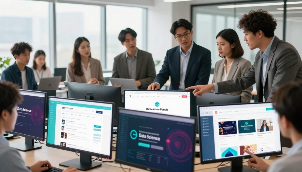 A visually compelling representation of diverse online platforms for data science training, featuring a split design. In the foreground, multiple computer screens display colorful and engaging interfaces of various online learning platforms, all with distinct logos and course content related to data science. The middle ground features a diverse group of individuals in professional business attire, collaboratively discussing ideas and pointing at the screens. The background showcases a modern office environment with large windows allowing natural light to flood in, creating a bright and motivating atmosphere. The scene conveys teamwork, growth, and innovation in the field of data science education, captured in a high-resolution image with vibrant colors and dynamic lighting. A visually compelling representation of diverse online platforms for data science training, featuring a split design. In the foreground, multiple computer screens display colorful and engaging interfaces of various online learning platforms, all with distinct logos and course content related to data science. The middle ground features a diverse group of individuals in professional business attire, collaboratively discussing ideas and pointing at the screens. The background showcases a modern office environment with large windows allowing natural light to flood in, creating a bright and motivating atmosphere. The scene conveys teamwork, growth, and innovation in the field of data science education, captured in a high-resolution image with vibrant colors and dynamic lighting.
