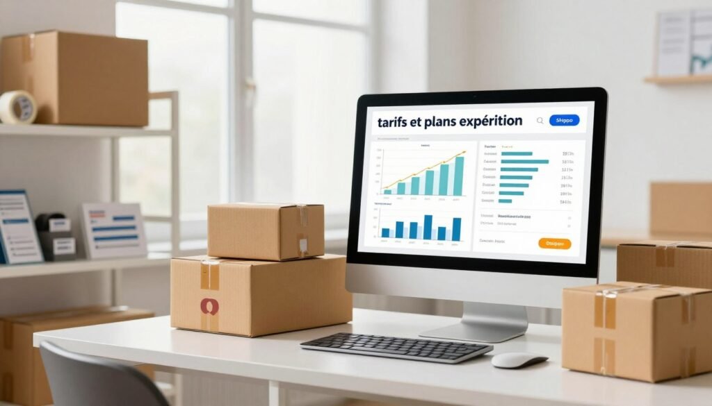 A visually engaging and informative image illustrating "tarifs et plans expédition" for Shippo, featuring a professional-looking workspace. In the foreground, a sleek, modern desk with a computer displaying dynamic graphs and shipping plans, surrounded by shipping boxes in various sizes, symbolizing different pricing tiers. The middle ground shows a well-organized shelf with shipping materials like labels and tape, highlighting efficiency and reliability. In the background, a large, bright window lets in natural light, creating a warm and inviting atmosphere. The mood is professional yet accessible, with an emphasis on clarity and organization. Use soft, diffused lighting to enhance the focus on the desk and shipping materials, while maintaining a clean, modern look. A visually engaging and informative image illustrating "tarifs et plans expédition" for Shippo, featuring a professional-looking workspace. In the foreground, a sleek, modern desk with a computer displaying dynamic graphs and shipping plans, surrounded by shipping boxes in various sizes, symbolizing different pricing tiers. The middle ground shows a well-organized shelf with shipping materials like labels and tape, highlighting efficiency and reliability. In the background, a large, bright window lets in natural light, creating a warm and inviting atmosphere. The mood is professional yet accessible, with an emphasis on clarity and organization. Use soft, diffused lighting to enhance the focus on the desk and shipping materials, while maintaining a clean, modern look.