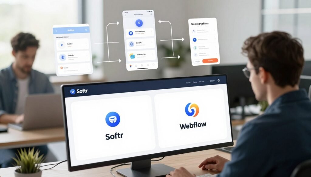 A visually engaging comparison graphic illustrating no-code platform alternatives, featuring a sleek, modern layout. In the foreground, a digital dashboard displaying side-by-side comparisons of key platforms like Softr, Bubble, and Webflow, each represented by distinct icons or logos. The middle ground includes abstract representations of app creation workflows, with flowcharts and icons subtly hinting at app development processes. The background features a softly blurred office environment, bathed in natural light to create a productive atmosphere. Use a slightly elevated angle to capture the depth of the image, conveying an innovative and informative mood suitable for a tech-savvy audience. Ensure all human figures, if present, are dressed in professional business attire, reflecting a collaborative and focused context. A visually engaging comparison graphic illustrating no-code platform alternatives, featuring a sleek, modern layout. In the foreground, a digital dashboard displaying side-by-side comparisons of key platforms like Softr, Bubble, and Webflow, each represented by distinct icons or logos. The middle ground includes abstract representations of app creation workflows, with flowcharts and icons subtly hinting at app development processes. The background features a softly blurred office environment, bathed in natural light to create a productive atmosphere. Use a slightly elevated angle to capture the depth of the image, conveying an innovative and informative mood suitable for a tech-savvy audience. Ensure all human figures, if present, are dressed in professional business attire, reflecting a collaborative and focused context.