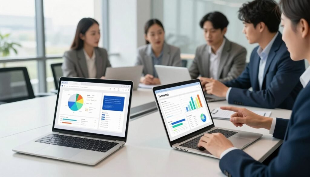 A visually engaging comparison of AI presentation tools, focusing on Gamma. In the foreground, two sleek laptops with open screens displaying colorful graphs and engaging slides, representing different presentation tools. The middle ground features a stylish conference table with professional individuals in business attire discussing and pointing at the laptops, illustrating collaboration and insight. The background showcases a modern office environment with large windows allowing natural light to flood in, creating a bright and inviting atmosphere. Use a slightly elevated angle, with a focus on the laptops and individuals, emphasizing a dynamic and innovative mood. Crisp lighting highlights the screens, enhancing their content clarity. The overall ambiance should convey professionalism, creativity, and technological advancement. A visually engaging comparison of AI presentation tools, focusing on Gamma. In the foreground, two sleek laptops with open screens displaying colorful graphs and engaging slides, representing different presentation tools. The middle ground features a stylish conference table with professional individuals in business attire discussing and pointing at the laptops, illustrating collaboration and insight. The background showcases a modern office environment with large windows allowing natural light to flood in, creating a bright and inviting atmosphere. Use a slightly elevated angle, with a focus on the laptops and individuals, emphasizing a dynamic and innovative mood. Crisp lighting highlights the screens, enhancing their content clarity. The overall ambiance should convey professionalism, creativity, and technological advancement.