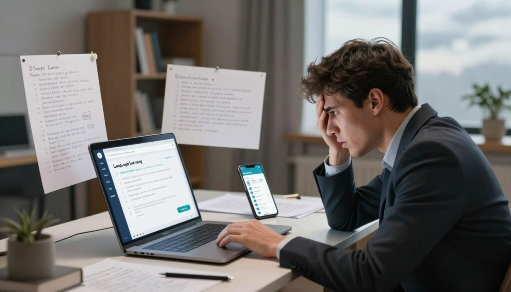 A visually engaging illustration depicting technical problems encountered in a language learning application. In the foreground, a frustrated user in professional attire sits at a sleek, modern desk, interacting with a laptop that displays error messages and confusing user interfaces. In the middle ground, scattered papers filled with grammar notes and a smartphone showing the app interface create a chaotic learning environment. The background features a calming room with a bookshelf, soft lighting to evoke a thoughtful atmosphere, and a window showcasing a cloudy sky outside, symbolizing uncertainty. The overall mood is thoughtful and slightly tense, emphasizing the challenges of language learning with technology. A visually engaging illustration depicting technical problems encountered in a language learning application. In the foreground, a frustrated user in professional attire sits at a sleek, modern desk, interacting with a laptop that displays error messages and confusing user interfaces. In the middle ground, scattered papers filled with grammar notes and a smartphone showing the app interface create a chaotic learning environment. The background features a calming room with a bookshelf, soft lighting to evoke a thoughtful atmosphere, and a window showcasing a cloudy sky outside, symbolizing uncertainty. The overall mood is thoughtful and slightly tense, emphasizing the challenges of language learning with technology.