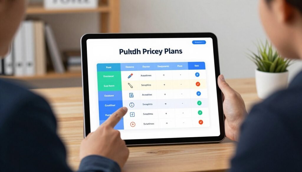 A visually engaging illustration representing online survey pricing plans. In the foreground, display a large, modern digital tablet showcasing a colorful and organized pricing table for various survey plans, with icons representing features like analytics tools, customization options, and user limits. In the middle, a professional-looking individual, dressed in business attire, gestures towards the tablet, embodying a sense of guidance and expertise. In the background, an office environment with soft, warm lighting, including bookshelves filled with marketing and analytics books and a plant, to create a welcoming atmosphere. The overall mood should convey professionalism and clarity, ideal for readers interested in understanding key pricing and survey management concepts. A visually engaging illustration representing online survey pricing plans. In the foreground, display a large, modern digital tablet showcasing a colorful and organized pricing table for various survey plans, with icons representing features like analytics tools, customization options, and user limits. In the middle, a professional-looking individual, dressed in business attire, gestures towards the tablet, embodying a sense of guidance and expertise. In the background, an office environment with soft, warm lighting, including bookshelves filled with marketing and analytics books and a plant, to create a welcoming atmosphere. The overall mood should convey professionalism and clarity, ideal for readers interested in understanding key pricing and survey management concepts.