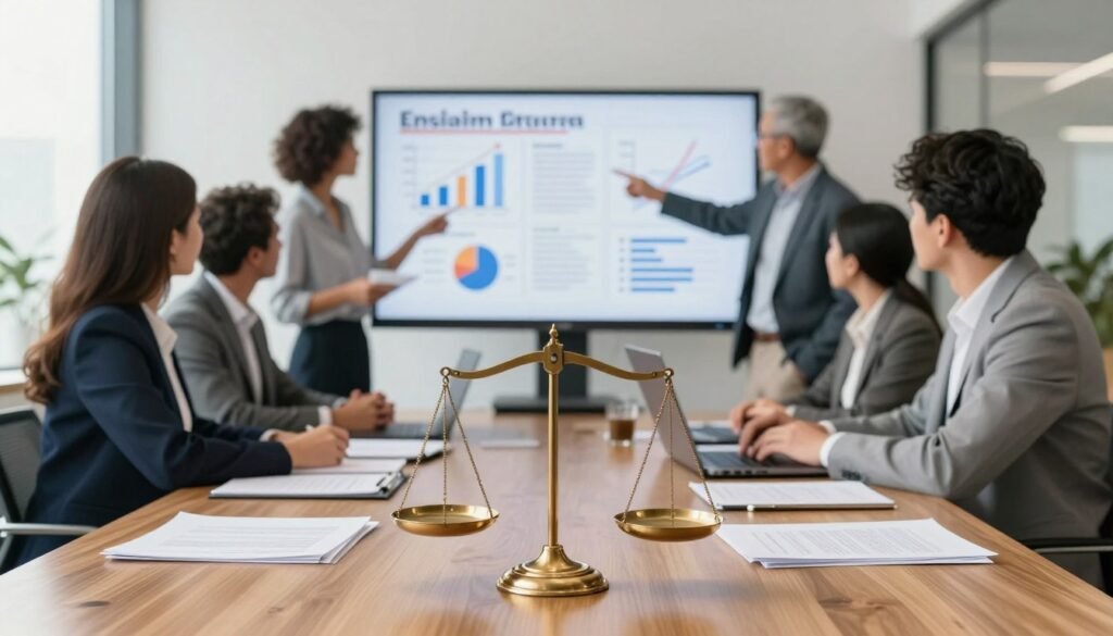 A visually engaging illustration representing the advantages and disadvantages of various legal statuses for businesses. In the foreground, a balanced scale, symbolizing the weighing of pros and cons, rests on a polished wooden table, accompanied by neatly arranged documents and a laptop. In the middle ground, a diverse group of professionals in business attire, including a woman in a suit and a man in smart casual wear, are engaged in a discussion, pointing towards charts and graphs displayed on a large screen. The background features a modern office space with large windows letting in soft natural light, creating a professional yet inviting atmosphere. The overall mood conveys thoughtful analysis and collaborative decision-making in a business context, capturing the essence of legal structures in Morocco. A visually engaging illustration representing the advantages and disadvantages of various legal statuses for businesses. In the foreground, a balanced scale, symbolizing the weighing of pros and cons, rests on a polished wooden table, accompanied by neatly arranged documents and a laptop. In the middle ground, a diverse group of professionals in business attire, including a woman in a suit and a man in smart casual wear, are engaged in a discussion, pointing towards charts and graphs displayed on a large screen. The background features a modern office space with large windows letting in soft natural light, creating a professional yet inviting atmosphere. The overall mood conveys thoughtful analysis and collaborative decision-making in a business context, capturing the essence of legal structures in Morocco.