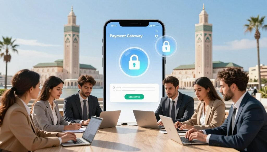 A visually engaging illustration showcasing the advantages of secure payment gateways in Morocco. In the foreground, depict a diverse group of business professionals in smart attire, engaged in a productive discussion around digital devices, symbolizing collaboration and security in transactions. In the middle, incorporate a sleek, modern interface of a payment gateway displayed on a smartphone or laptop, emphasizing user-friendliness and security features with glowing lock icons. The background should feature an urban Moroccan landscape, including a recognizable landmark such as the Hassan II Mosque, under a clear blue sky, suggesting a vibrant economic environment. Use warm lighting to create an optimistic atmosphere, with a slightly angled view to capture both the technology and the team dynamic effectively. A visually engaging illustration showcasing the advantages of secure payment gateways in Morocco. In the foreground, depict a diverse group of business professionals in smart attire, engaged in a productive discussion around digital devices, symbolizing collaboration and security in transactions. In the middle, incorporate a sleek, modern interface of a payment gateway displayed on a smartphone or laptop, emphasizing user-friendliness and security features with glowing lock icons. The background should feature an urban Moroccan landscape, including a recognizable landmark such as the Hassan II Mosque, under a clear blue sky, suggesting a vibrant economic environment. Use warm lighting to create an optimistic atmosphere, with a slightly angled view to capture both the technology and the team dynamic effectively.