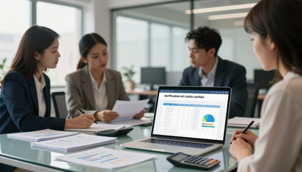 A visually engaging office scene focused on "tarification et coûts cachés" for a web design platform. In the foreground, a clear glass table displaying a laptop showing a pricing plan with charts and graphs. On the table, there are stacks of printed documents and a calculator, symbolizing hidden costs. In the middle ground, a diverse group of three professionals in business attire are engaged in discussion, analyzing the documents. In the background, a modern office space with large windows letting in natural light, illuminating the scene. The overall atmosphere should be one of focus and seriousness, conveying the importance of understanding pricing in business. Use soft, warm lighting to create an inviting yet professional mood. A visually engaging office scene focused on "tarification et coûts cachés" for a web design platform. In the foreground, a clear glass table displaying a laptop showing a pricing plan with charts and graphs. On the table, there are stacks of printed documents and a calculator, symbolizing hidden costs. In the middle ground, a diverse group of three professionals in business attire are engaged in discussion, analyzing the documents. In the background, a modern office space with large windows letting in natural light, illuminating the scene. The overall atmosphere should be one of focus and seriousness, conveying the importance of understanding pricing in business. Use soft, warm lighting to create an inviting yet professional mood.