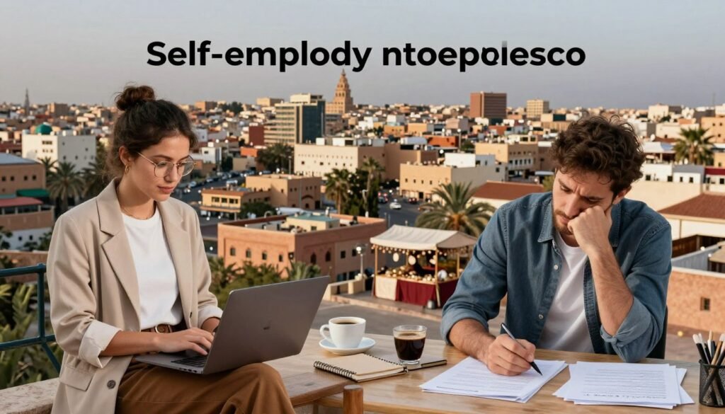 A visually engaging representation of the advantages and disadvantages of being a self-employed entrepreneur in Morocco. In the foreground, a split scene: on one side, a confident individual in smart casual business attire, working on a laptop with a picturesque Moroccan landscape, illustrating benefits like flexibility and independence. On the opposite, a thoughtful individual appearing slightly stressed, surrounded by paperwork, highlighting challenges such as administrative burdens. The middle ground features symbols of entrepreneurship, like a coffee cup, a notebook, and a small market stall. The background showcases a vibrant Moroccan cityscape, blending modern and traditional elements under soft evening lighting, creating a balanced atmosphere of optimism and contemplation. The angle offers a slightly elevated view, capturing both characters in activity. A visually engaging representation of the advantages and disadvantages of being a self-employed entrepreneur in Morocco. In the foreground, a split scene: on one side, a confident individual in smart casual business attire, working on a laptop with a picturesque Moroccan landscape, illustrating benefits like flexibility and independence. On the opposite, a thoughtful individual appearing slightly stressed, surrounded by paperwork, highlighting challenges such as administrative burdens. The middle ground features symbols of entrepreneurship, like a coffee cup, a notebook, and a small market stall. The background showcases a vibrant Moroccan cityscape, blending modern and traditional elements under soft evening lighting, creating a balanced atmosphere of optimism and contemplation. The angle offers a slightly elevated view, capturing both characters in activity.