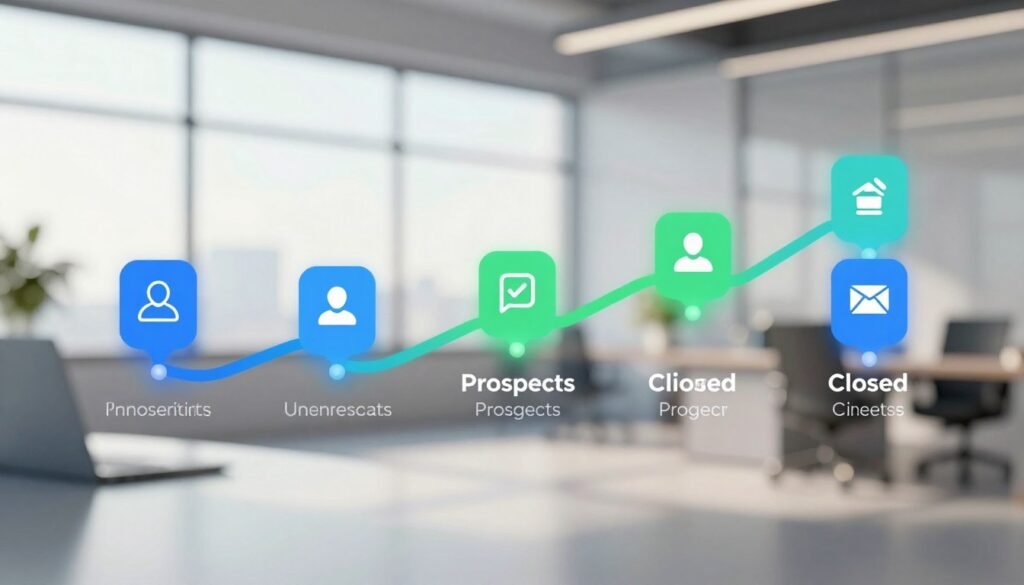 A visually engaging sales pipeline graphic, illustrating the flow of opportunities in a business context. Foreground: sleek, modern digital interface elements displaying stages of the sales process, with colorful icons representing leads, prospects, and closed deals. Middle: lines connecting each stage, symbolizing movement and progression, crafted with a gradient of blues and greens to convey optimism and growth. Background: blurred office environment with light streaming through large windows, suggesting a professional atmosphere. Soft lighting highlights the elements in the foreground, creating a dynamic yet calm ambiance. The image should evoke clarity and efficiency in managing sales opportunities, designed to resonate with business professionals. No text or branding elements included. A visually engaging sales pipeline graphic, illustrating the flow of opportunities in a business context. Foreground: sleek, modern digital interface elements displaying stages of the sales process, with colorful icons representing leads, prospects, and closed deals. Middle: lines connecting each stage, symbolizing movement and progression, crafted with a gradient of blues and greens to convey optimism and growth. Background: blurred office environment with light streaming through large windows, suggesting a professional atmosphere. Soft lighting highlights the elements in the foreground, creating a dynamic yet calm ambiance. The image should evoke clarity and efficiency in managing sales opportunities, designed to resonate with business professionals. No text or branding elements included.