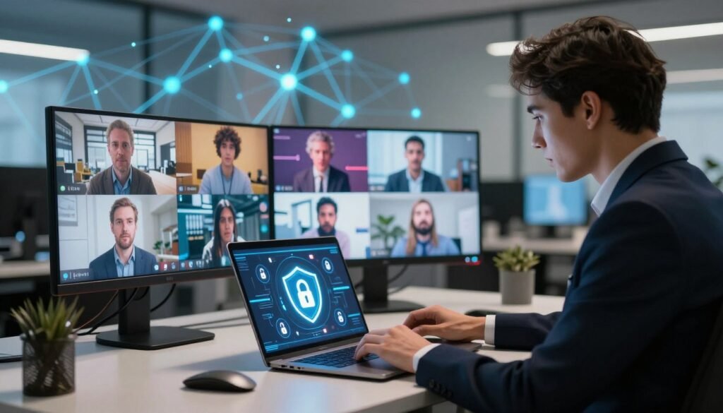 A visually striking composition centered on the theme of data privacy and video creation. In the foreground, a professional in smart business attire is seated at a sleek, modern desk, intently reviewing video content on a laptop with a digital interface displaying privacy icons like locks and shields. The middle ground features a variety of animated video clips on the screen, showcasing vibrant visuals and transitions, symbolizing creativity in video production. In the background, an abstract representation of a digital network, with flowing lines and glowing nodes, conveys the complexities of data security. Soft, ambient lighting creates a professional yet inviting atmosphere, while a shallow depth of field focuses on the subject amidst a blurred office setting, enhancing the mood of innovation and trust in data handling. A visually striking composition centered on the theme of data privacy and video creation. In the foreground, a professional in smart business attire is seated at a sleek, modern desk, intently reviewing video content on a laptop with a digital interface displaying privacy icons like locks and shields. The middle ground features a variety of animated video clips on the screen, showcasing vibrant visuals and transitions, symbolizing creativity in video production. In the background, an abstract representation of a digital network, with flowing lines and glowing nodes, conveys the complexities of data security. Soft, ambient lighting creates a professional yet inviting atmosphere, while a shallow depth of field focuses on the subject amidst a blurred office setting, enhancing the mood of innovation and trust in data handling.