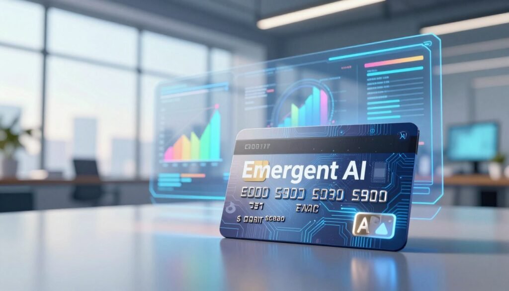 A visually striking illustration of a modern credit system for "Emergent AI." In the foreground, display a sleek, futuristic credit card design with digital elements like glowing circuit patterns. In the middle ground, depict an abstract representation of a credit scoring system, with colorful graphs and screens showing AI-generated data analytics. The background should feature a high-tech office environment with large windows, daylight streaming in, reflecting a vibrant atmosphere. Use a soft focus lens effect to give a sense of depth, while ensuring the lighting highlights the high-tech details. The mood should be professional and innovative, inviting the viewer to explore the simplicity and sophistication of an AI-driven credit system. A visually striking illustration of a modern credit system for "Emergent AI." In the foreground, display a sleek, futuristic credit card design with digital elements like glowing circuit patterns. In the middle ground, depict an abstract representation of a credit scoring system, with colorful graphs and screens showing AI-generated data analytics. The background should feature a high-tech office environment with large windows, daylight streaming in, reflecting a vibrant atmosphere. Use a soft focus lens effect to give a sense of depth, while ensuring the lighting highlights the high-tech details. The mood should be professional and innovative, inviting the viewer to explore the simplicity and sophistication of an AI-driven credit system.