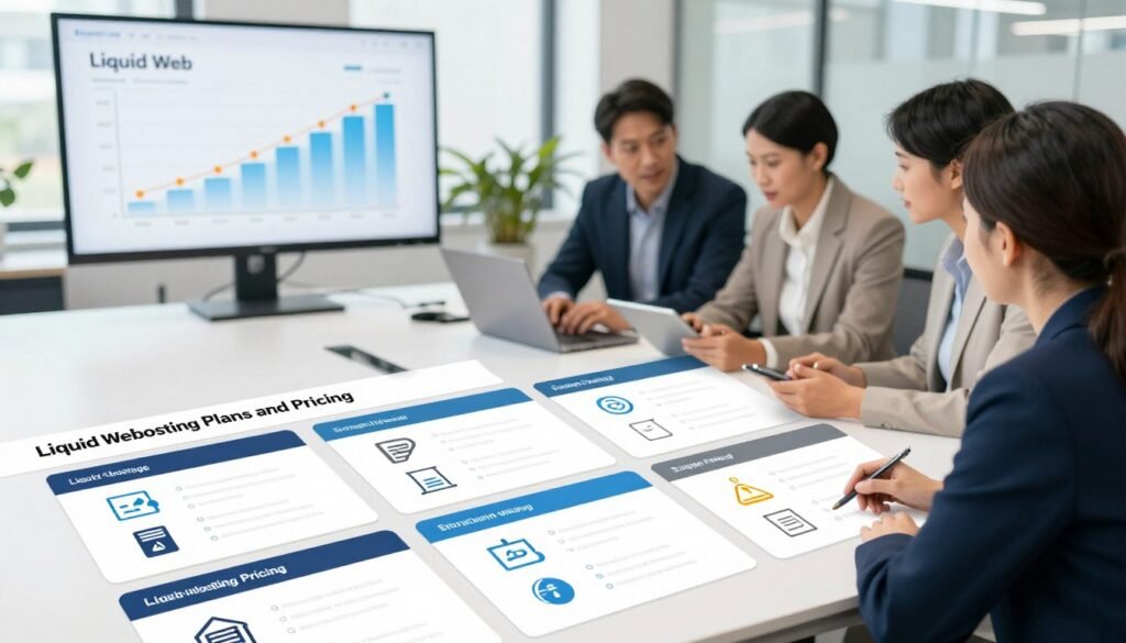 A visually striking representation of "Liquid Web Hosting Plans and Pricing". In the foreground, display an organized layout of plan cards with visually distinct sections for different hosting options, each featuring icons indicating features like storage, bandwidth, and support. In the middle ground, create a modern office setting with a diverse group of professionals in business attire discussing the plans, using a laptop and tablet. The background should feature a large screen displaying a visually appealing graph showing performance metrics and reliability ratings of Liquid Web. Use bright, natural lighting to create an inviting atmosphere, emphasizing a sense of innovation and professionalism. Capture the scene from a slightly elevated angle to provide depth, focusing on clarity and detail in each component. A visually striking representation of "Liquid Web Hosting Plans and Pricing". In the foreground, display an organized layout of plan cards with visually distinct sections for different hosting options, each featuring icons indicating features like storage, bandwidth, and support. In the middle ground, create a modern office setting with a diverse group of professionals in business attire discussing the plans, using a laptop and tablet. The background should feature a large screen displaying a visually appealing graph showing performance metrics and reliability ratings of Liquid Web. Use bright, natural lighting to create an inviting atmosphere, emphasizing a sense of innovation and professionalism. Capture the scene from a slightly elevated angle to provide depth, focusing on clarity and detail in each component.