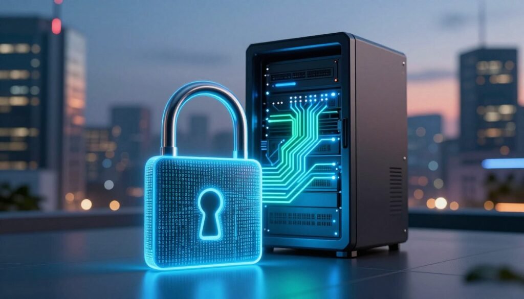 A visually striking representation of SSL data encryption. In the foreground, a glowing digital lock symbol representing security, intricately designed with binary code patterns cascading around it. The middle ground features a sleek, modern web server with illuminated circuits and data streams flowing in vibrant blue and green hues, illustrating the concept of encrypted data transmission. The background showcases a blurred, futuristic cityscape at dusk, with towering skyscrapers reflecting soft neon lights, creating a high-tech atmosphere. The lighting is dynamic, with focused beams highlighting the lock and server, casting gentle shadows. The overall mood is secure and professional, emphasizing the importance of safeguarding web presence. A visually striking representation of SSL data encryption. In the foreground, a glowing digital lock symbol representing security, intricately designed with binary code patterns cascading around it. The middle ground features a sleek, modern web server with illuminated circuits and data streams flowing in vibrant blue and green hues, illustrating the concept of encrypted data transmission. The background showcases a blurred, futuristic cityscape at dusk, with towering skyscrapers reflecting soft neon lights, creating a high-tech atmosphere. The lighting is dynamic, with focused beams highlighting the lock and server, casting gentle shadows. The overall mood is secure and professional, emphasizing the importance of safeguarding web presence.