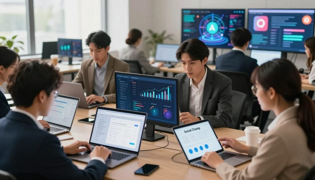 A visually striking representation of artificial intelligence in social media management. In the foreground, a diverse group of professionals in business attire collaboratively analyzing data on laptops and tablets, highlighting their engagement with Social Champ's features. The middle ground features a digital interface showcasing dynamic graphs and analytics, illustrating the AI-driven tools at work. In the background, a futuristic workspace with screens displaying vibrant social media icons and AI graphics. Soft diffused lighting enhances a productive atmosphere, with a warm color palette to inspire creativity. The scene captures the energy and innovation of utilizing AI for impactful content creation. The angle should be slightly elevated to provide an overview of the collaborative environment, creating a sense of dynamism and teamwork. A visually striking representation of artificial intelligence in social media management. In the foreground, a diverse group of professionals in business attire collaboratively analyzing data on laptops and tablets, highlighting their engagement with Social Champ's features. The middle ground features a digital interface showcasing dynamic graphs and analytics, illustrating the AI-driven tools at work. In the background, a futuristic workspace with screens displaying vibrant social media icons and AI graphics. Soft diffused lighting enhances a productive atmosphere, with a warm color palette to inspire creativity. The scene captures the energy and innovation of utilizing AI for impactful content creation. The angle should be slightly elevated to provide an overview of the collaborative environment, creating a sense of dynamism and teamwork.