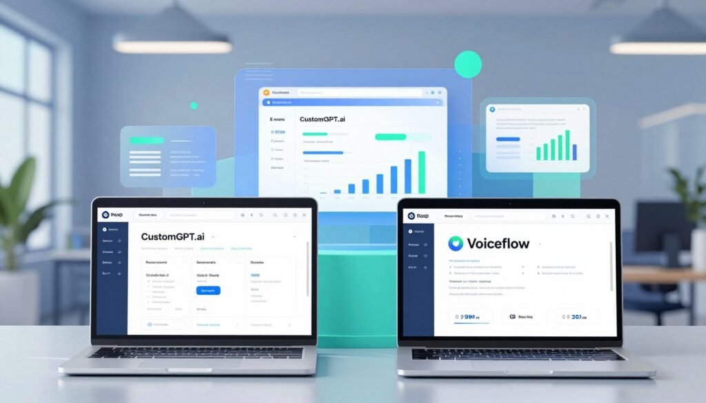 A vivid illustration depicting a vibrant comparison of no-code AI platforms, highlighting CustomGPT.ai and Voiceflow. In the foreground, two sleek laptops side by side display their respective user interfaces, showcasing unique features and design elements. The middle layer features abstract screens and icons representing AI tools, with visual elements like graphs and charts to symbolize analytics and performance. The background is a modern office setting with soft lighting, emphasizing a professional atmosphere, and a color palette of cool blues and greens to convey innovation. The overall mood is dynamic and tech-savvy, inviting viewers to explore the capabilities of these platforms. The angle is slightly elevated, offering a clear view of the laptops and the layered digital elements, ensuring a clean, engaging composition. A vivid illustration depicting a vibrant comparison of no-code AI platforms, highlighting CustomGPT.ai and Voiceflow. In the foreground, two sleek laptops side by side display their respective user interfaces, showcasing unique features and design elements. The middle layer features abstract screens and icons representing AI tools, with visual elements like graphs and charts to symbolize analytics and performance. The background is a modern office setting with soft lighting, emphasizing a professional atmosphere, and a color palette of cool blues and greens to convey innovation. The overall mood is dynamic and tech-savvy, inviting viewers to explore the capabilities of these platforms. The angle is slightly elevated, offering a clear view of the laptops and the layered digital elements, ensuring a clean, engaging composition.