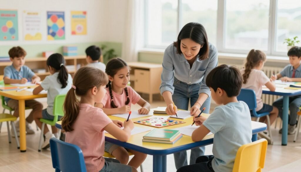 A warm and inviting educational environment showcasing a diverse group of children engaged in collaborative learning activities. In the foreground, two girls and a boy are seated at a colorful table, surrounded by books, art supplies, and educational games, all wearing modest, casual clothing. In the middle ground, a caring adult mentor is actively guiding another child in a one-on-one session, emphasizing support and encouragement. The background features a bright, sunlit classroom with motivational posters on the walls and large windows that let in natural light, creating a cheerful atmosphere. The scene conveys a sense of community, growth, and empowerment in a nurturing educational setting. The image should be well-composed, focusing on a slightly elevated angle to capture the interactions vividly. The lighting should be soft and uplifting, enhancing the positive mood. A warm and inviting educational environment showcasing a diverse group of children engaged in collaborative learning activities. In the foreground, two girls and a boy are seated at a colorful table, surrounded by books, art supplies, and educational games, all wearing modest, casual clothing. In the middle ground, a caring adult mentor is actively guiding another child in a one-on-one session, emphasizing support and encouragement. The background features a bright, sunlit classroom with motivational posters on the walls and large windows that let in natural light, creating a cheerful atmosphere. The scene conveys a sense of community, growth, and empowerment in a nurturing educational setting. The image should be well-composed, focusing on a slightly elevated angle to capture the interactions vividly. The lighting should be soft and uplifting, enhancing the positive mood.