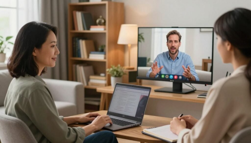 A warm and inviting online therapy session setting, featuring a diverse group of professional therapists engaged in a virtual consultation. In the foreground, a middle-aged therapist, a woman of Asian descent, sits attentively in front of her laptop, wearing smart casual attire, with a soft smile and empathetic expression. In the middle ground, another therapist, a Caucasian man, gestures expressively on a split-screen display, showcasing active engagement. The background includes elements of a cozy home office, with a bookshelf filled with wellness books, soft lighting from a desk lamp creating a calm atmosphere. The overall mood conveys trust and professionalism, symbolizing the quality of therapists and the matching process in online therapy. Natural light filters through a window, enhancing the feeling of warmth and connection. A warm and inviting online therapy session setting, featuring a diverse group of professional therapists engaged in a virtual consultation. In the foreground, a middle-aged therapist, a woman of Asian descent, sits attentively in front of her laptop, wearing smart casual attire, with a soft smile and empathetic expression. In the middle ground, another therapist, a Caucasian man, gestures expressively on a split-screen display, showcasing active engagement. The background includes elements of a cozy home office, with a bookshelf filled with wellness books, soft lighting from a desk lamp creating a calm atmosphere. The overall mood conveys trust and professionalism, symbolizing the quality of therapists and the matching process in online therapy. Natural light filters through a window, enhancing the feeling of warmth and connection.
