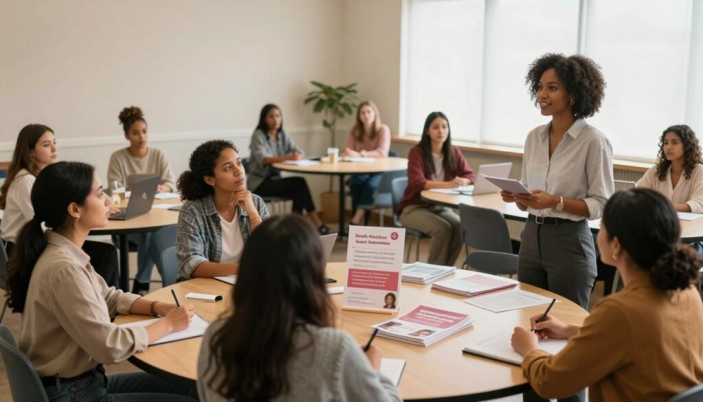 A warm and inviting scene depicting a group of diverse, professional women in a cozy community center, engaging in a training session for single mothers. In the foreground, a facilitator stands confidently, presenting to a group seated at tables, taking notes and engaged in discussion. The women, dressed in modest yet professional attire, exhibit expressions of empowerment and focus. The middle ground reveals educational materials, such as pamphlets and laptops, showcasing resources for personal and professional development. In the background, soft natural light filters through large windows, illuminating the room and adding an atmosphere of warmth and camaraderie. The overall mood is one of support, learning, and community, reflecting initiatives aimed at upliftment and education. A warm and inviting scene depicting a group of diverse, professional women in a cozy community center, engaging in a training session for single mothers. In the foreground, a facilitator stands confidently, presenting to a group seated at tables, taking notes and engaged in discussion. The women, dressed in modest yet professional attire, exhibit expressions of empowerment and focus. The middle ground reveals educational materials, such as pamphlets and laptops, showcasing resources for personal and professional development. In the background, soft natural light filters through large windows, illuminating the room and adding an atmosphere of warmth and camaraderie. The overall mood is one of support, learning, and community, reflecting initiatives aimed at upliftment and education.