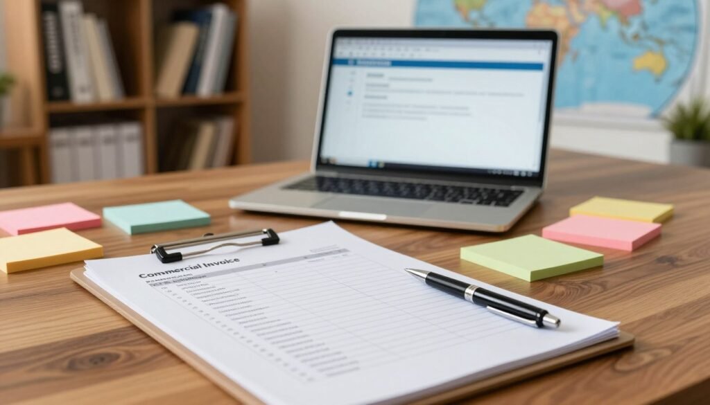 A well-organized export documents checklist laid out on a polished wooden desk. The foreground features a clipboard with a neatly printed checklist, including items like 'Commercial Invoice', 'Packing List', and 'Certificate of Origin'. Scattered around are color-coded sticky notes and a pen for emphasis on organization. In the middle, a laptop displays export software, hinting at digital aspects of document preparation. The background showcases shelves filled with export-related books and a world map, symbolizing global trade. Soft, natural lighting illuminates the scene, creating a professional and focused atmosphere, with a shallow depth of field emphasizing the checklist while softly blurring the background. The scene evokes a sense of readiness and professionalism, perfect for export preparation. A well-organized export documents checklist laid out on a polished wooden desk. The foreground features a clipboard with a neatly printed checklist, including items like 'Commercial Invoice', 'Packing List', and 'Certificate of Origin'. Scattered around are color-coded sticky notes and a pen for emphasis on organization. In the middle, a laptop displays export software, hinting at digital aspects of document preparation. The background showcases shelves filled with export-related books and a world map, symbolizing global trade. Soft, natural lighting illuminates the scene, creating a professional and focused atmosphere, with a shallow depth of field emphasizing the checklist while softly blurring the background. The scene evokes a sense of readiness and professionalism, perfect for export preparation.