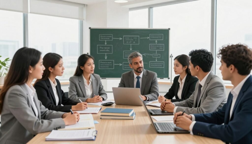 A well-organized study environment showcasing the key steps to becoming a chartered accountant in Morocco. In the foreground, a diverse group of individuals in professional business attire, engaged in discussions over a large table filled with accounting books, calculators, and laptops. The middle ground features a chalkboard with flowcharts and diagrams outlining the educational and certification pathways. In the background, a bright, modern classroom with large windows letting in natural light, contributing to a productive atmosphere. Soft, warm lighting enhances the inviting mood while maintaining focus on the subjects. The camera angle is slightly elevated, capturing the collaborative spirit and determination of the aspiring accountants as they navigate their journey. A well-organized study environment showcasing the key steps to becoming a chartered accountant in Morocco. In the foreground, a diverse group of individuals in professional business attire, engaged in discussions over a large table filled with accounting books, calculators, and laptops. The middle ground features a chalkboard with flowcharts and diagrams outlining the educational and certification pathways. In the background, a bright, modern classroom with large windows letting in natural light, contributing to a productive atmosphere. Soft, warm lighting enhances the inviting mood while maintaining focus on the subjects. The camera angle is slightly elevated, capturing the collaborative spirit and determination of the aspiring accountants as they navigate their journey.