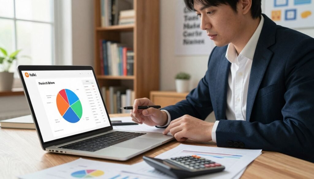A workspace scene illustrating the analysis of online language course pricing on italki. In the foreground, show a sleek laptop open on a desk, displaying a colorful pie chart and a table of prices for different language lessons. Scattered notes and a calculator are nearby, suggesting active analysis. In the middle, an individual, dressed in professional business attire, is intently reviewing the data, with a focused expression. The background features a cozy home office with bookshelves filled with language resources and motivational posters about learning. Natural light filters through a window, creating a warm and inviting atmosphere, emphasizing productivity and a love for education. The image should evoke a sense of professionalism and curiosity. A workspace scene illustrating the analysis of online language course pricing on italki. In the foreground, show a sleek laptop open on a desk, displaying a colorful pie chart and a table of prices for different language lessons. Scattered notes and a calculator are nearby, suggesting active analysis. In the middle, an individual, dressed in professional business attire, is intently reviewing the data, with a focused expression. The background features a cozy home office with bookshelves filled with language resources and motivational posters about learning. Natural light filters through a window, creating a warm and inviting atmosphere, emphasizing productivity and a love for education. The image should evoke a sense of professionalism and curiosity.