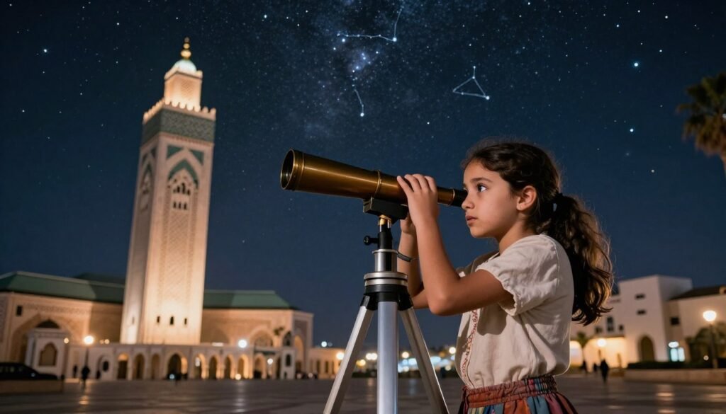 A young Moroccan girl, deeply engaged, peers through a vintage telescope under a starry night sky in Casablanca. In the foreground, her expression of wonder reflects the spark of curiosity ignited by her first glimpse of the cosmos. She wears modest, casual clothing, suitable for a bright evening in the city. The middle ground features the beautiful architecture of Casablanca, softly illuminated with warm, ambient lighting, hinting at the importance of this location in her astronomical journey. In the background, a stunning sky twinkling with stars, planets, and constellations creates an atmosphere of exploration and discovery. The scene is captured with a wide-angle lens, highlighting the vastness of the sky and exciting perspective. The mood is inspiring, filled with hope and dreams of the universe. A young Moroccan girl, deeply engaged, peers through a vintage telescope under a starry night sky in Casablanca. In the foreground, her expression of wonder reflects the spark of curiosity ignited by her first glimpse of the cosmos. She wears modest, casual clothing, suitable for a bright evening in the city. The middle ground features the beautiful architecture of Casablanca, softly illuminated with warm, ambient lighting, hinting at the importance of this location in her astronomical journey. In the background, a stunning sky twinkling with stars, planets, and constellations creates an atmosphere of exploration and discovery. The scene is captured with a wide-angle lens, highlighting the vastness of the sky and exciting perspective. The mood is inspiring, filled with hope and dreams of the universe.