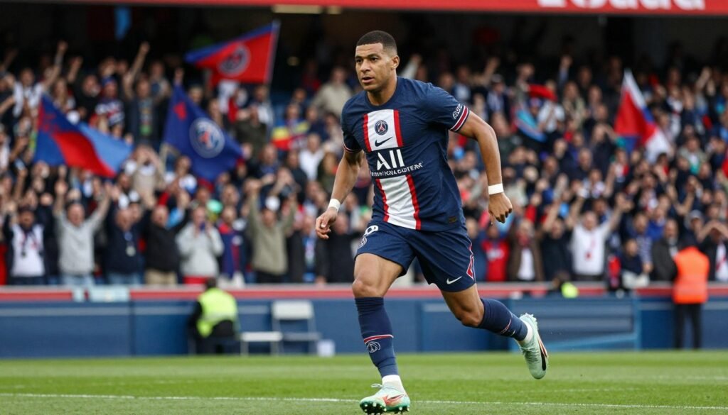 Achraf Hakimi, the talented Moroccan defender, is depicted in an action-packed moment on the field, wearing the iconic blue and red Paris Saint-Germain jersey. In the foreground, Hakimi is poised in a dynamic running stance, showcasing his impressive speed and athleticism. His expression exudes determination and focus. The middle ground features a bustling stadium with fans in the background, waving flags and celebrating, adding excitement to the scene. Soft, natural daylight filters through the stadium, creating a vibrant atmosphere. The shot is taken from a low angle, making Hakimi appear larger-than-life against the backdrop of the packed crowd. The overall mood is energetic and inspiring, encapsulating his successful career with PSG. Achraf Hakimi, the talented Moroccan defender, is depicted in an action-packed moment on the field, wearing the iconic blue and red Paris Saint-Germain jersey. In the foreground, Hakimi is poised in a dynamic running stance, showcasing his impressive speed and athleticism. His expression exudes determination and focus. The middle ground features a bustling stadium with fans in the background, waving flags and celebrating, adding excitement to the scene. Soft, natural daylight filters through the stadium, creating a vibrant atmosphere. The shot is taken from a low angle, making Hakimi appear larger-than-life against the backdrop of the packed crowd. The overall mood is energetic and inspiring, encapsulating his successful career with PSG.